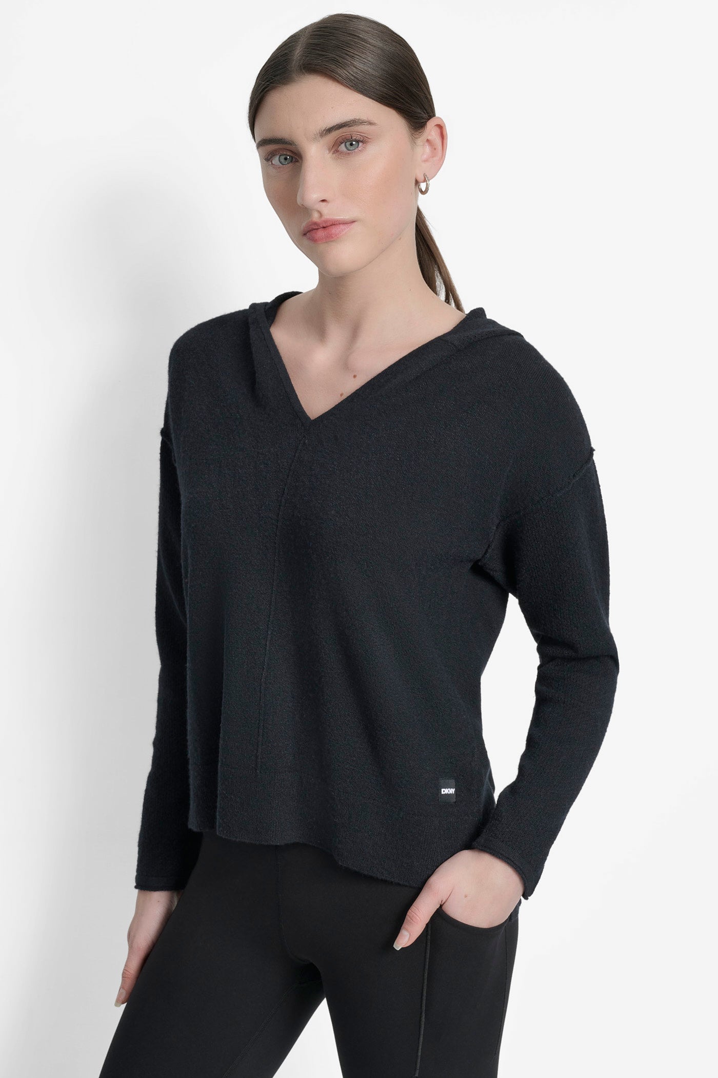 Black OPEN POINTELLE STITCH HOODIE WITH HIGH LOW HEM, FRONT VIEW | Clothing