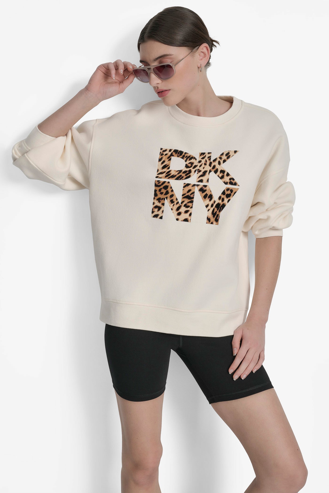 EGGNOG/ BLACK WHISKEY DKNY STACKED ANIMAL PRINT FLOCKING LOGO LONGLINE, VIEW 1 | Sport Essentials