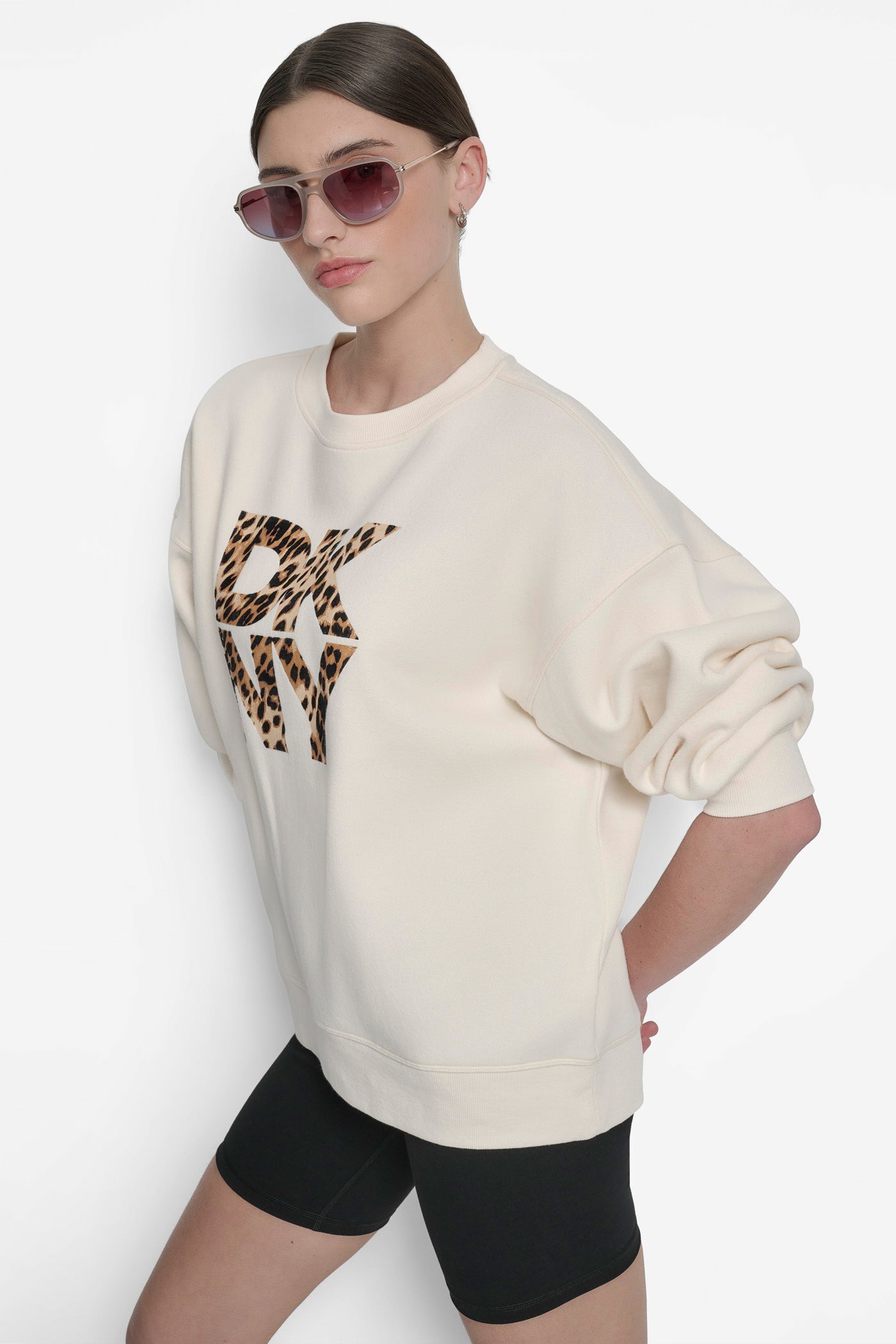 DKNY STACKED ANIMAL PRINT FLOCKING LOGO LONGLINE VIEW 3 | Sweatshirts & Joggers