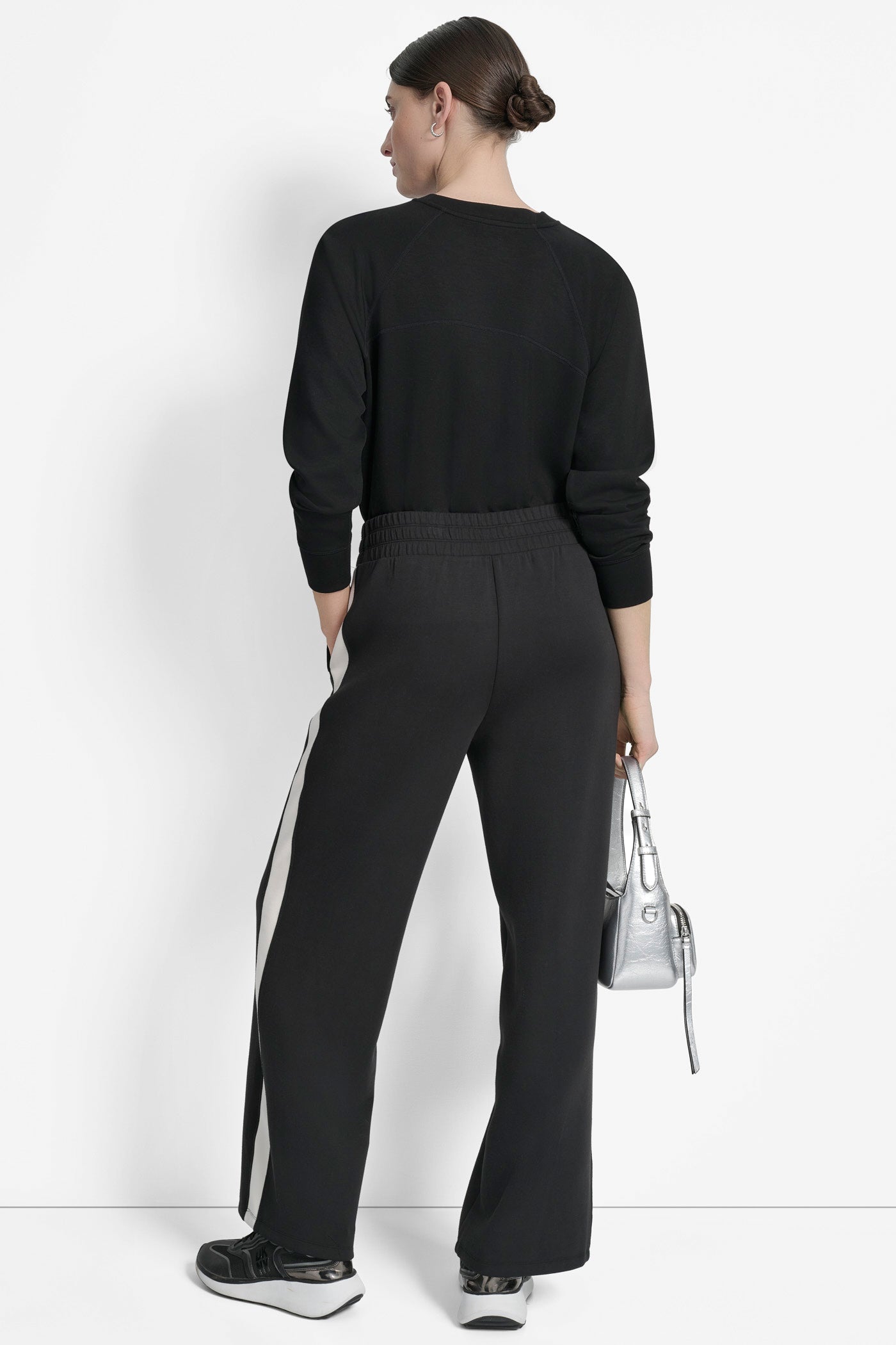 BLACK/ EGGNOG HIGH RISE MODIFIED WIDE LEG PANT WITH SIDE STRIPE, VIEW 2 | Pants & Denim