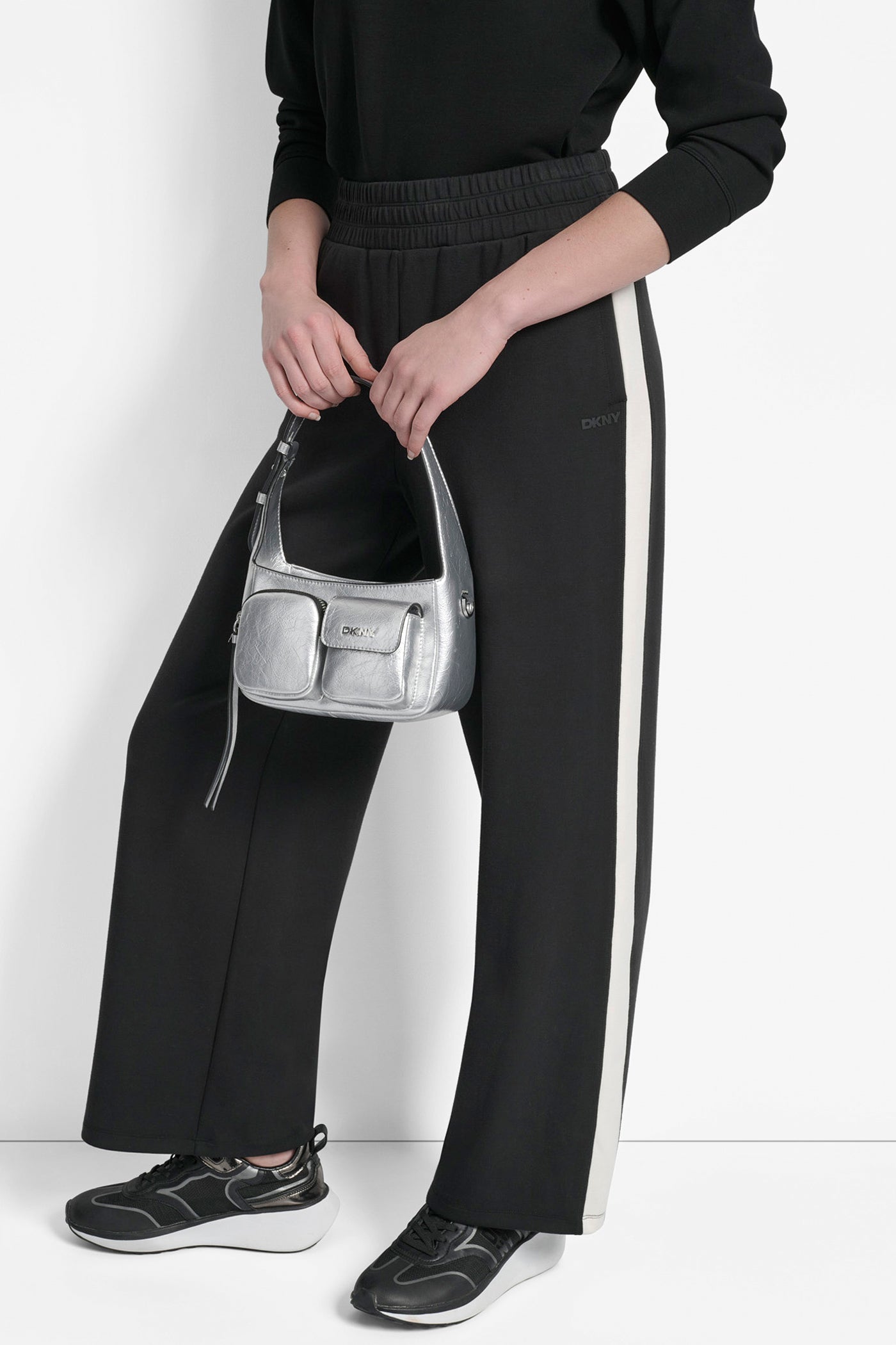 BLACK/ EGGNOG HIGH RISE MODIFIED WIDE LEG PANT WITH SIDE STRIPE, VIEW 1 | Pants & Denim
