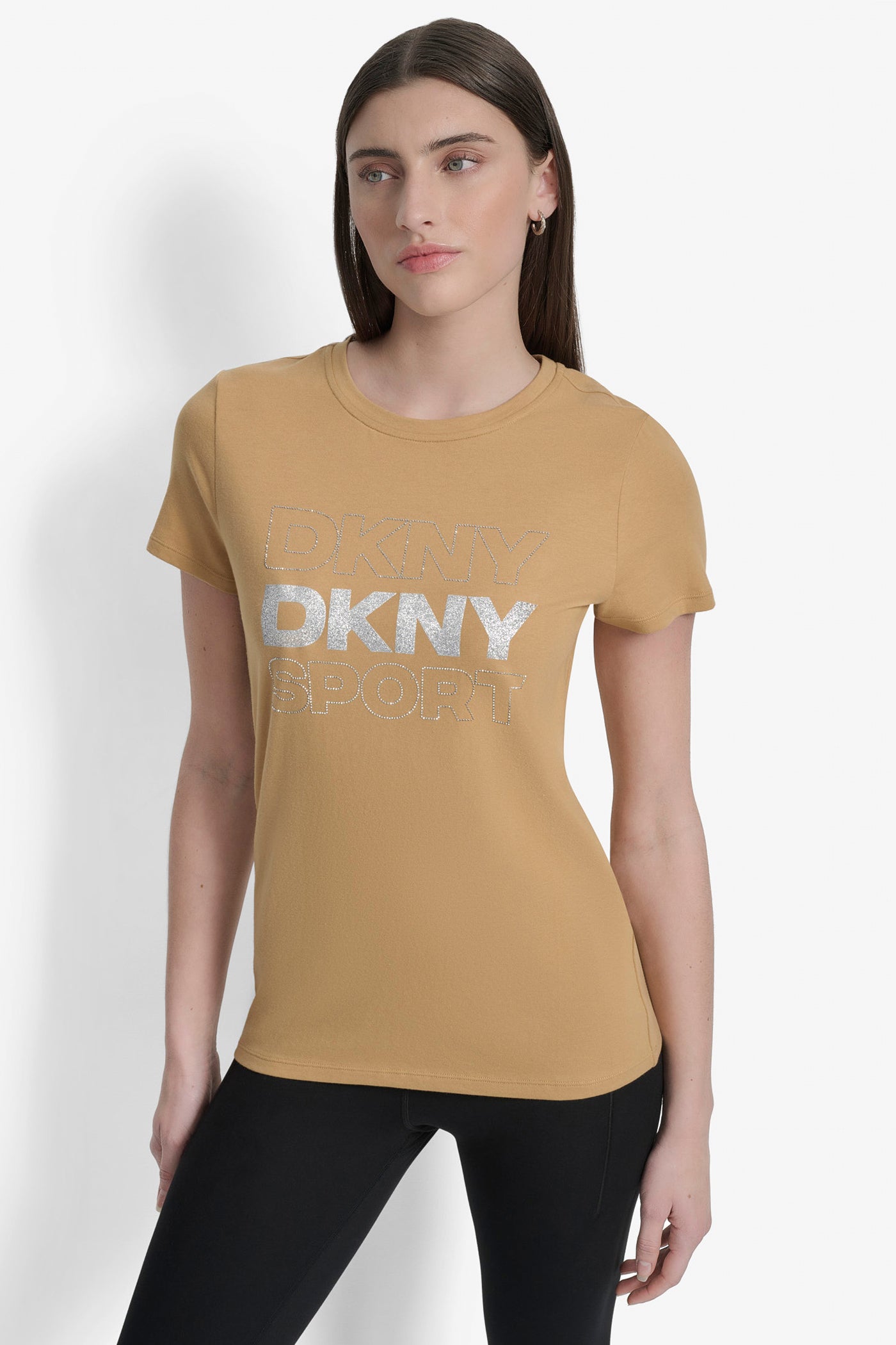 WHISKEY/SILVER DKNY SPORT RHINESTONE GLITTER LOGO TEE, FRONT VIEW | Tees & Tanks