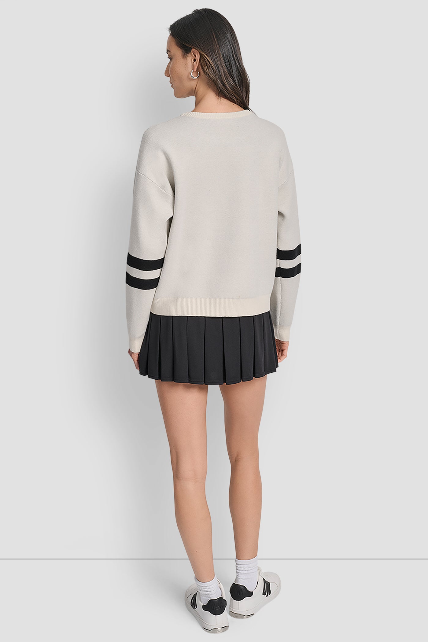 EGGNOG/ BLACK VARSITY LOGO SWEATER WITH STRIPE DETAIL, VIEW 2 | WOMEN'S SWEATERS & TOPS