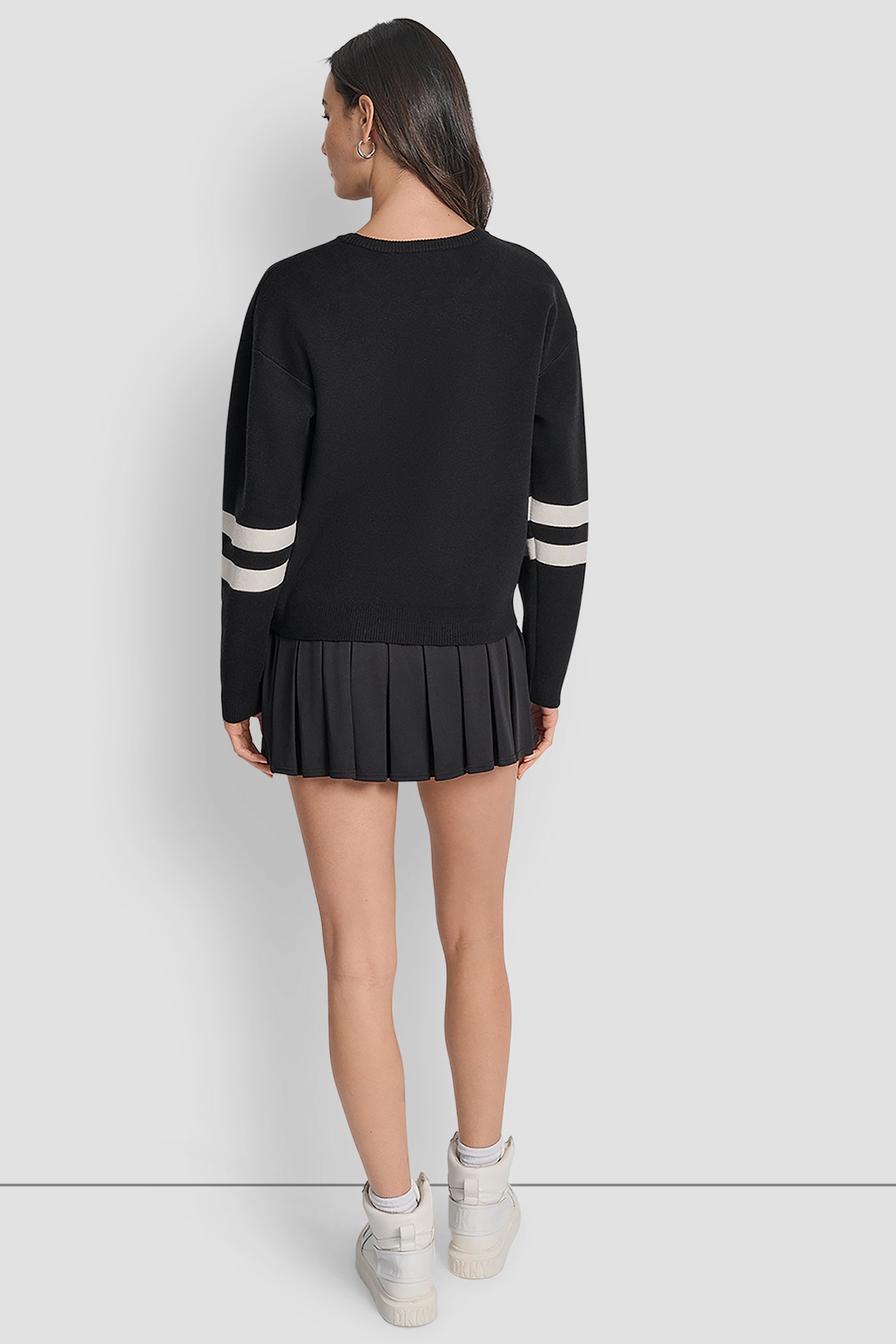 BLACK/ EGGNOG VARSITY LOGO SWEATER WITH STRIPE DETAIL, BACK VIEW | WOMEN'S SWEATERS & TOPS