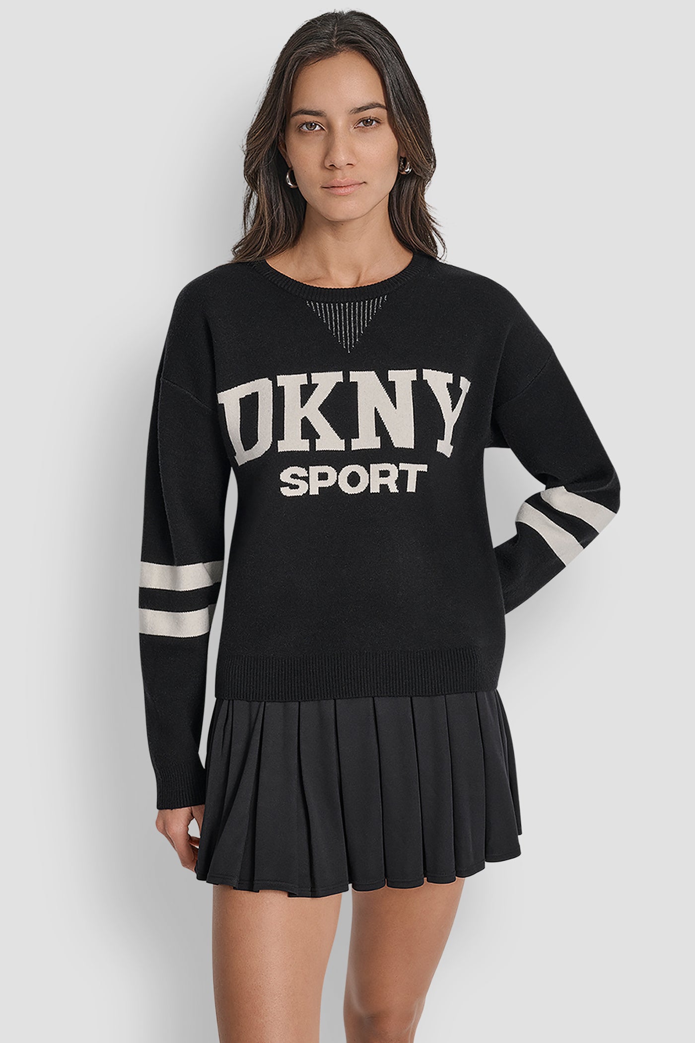 BLACK/ EGGNOG VARSITY LOGO SWEATER WITH STRIPE DETAIL, FRONT VIEW | WOMEN'S SWEATERS & TOPS