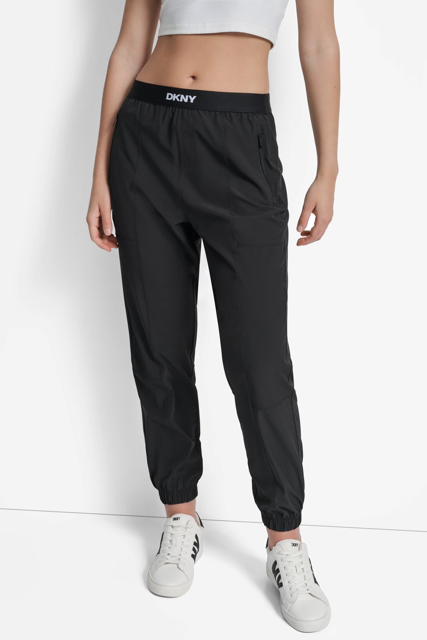 Black HIGH RISE COMMUTER JOGGER WITH LOGO ELASTIC WAIST, FRONT VIEW | Sweatshirts & Joggers
