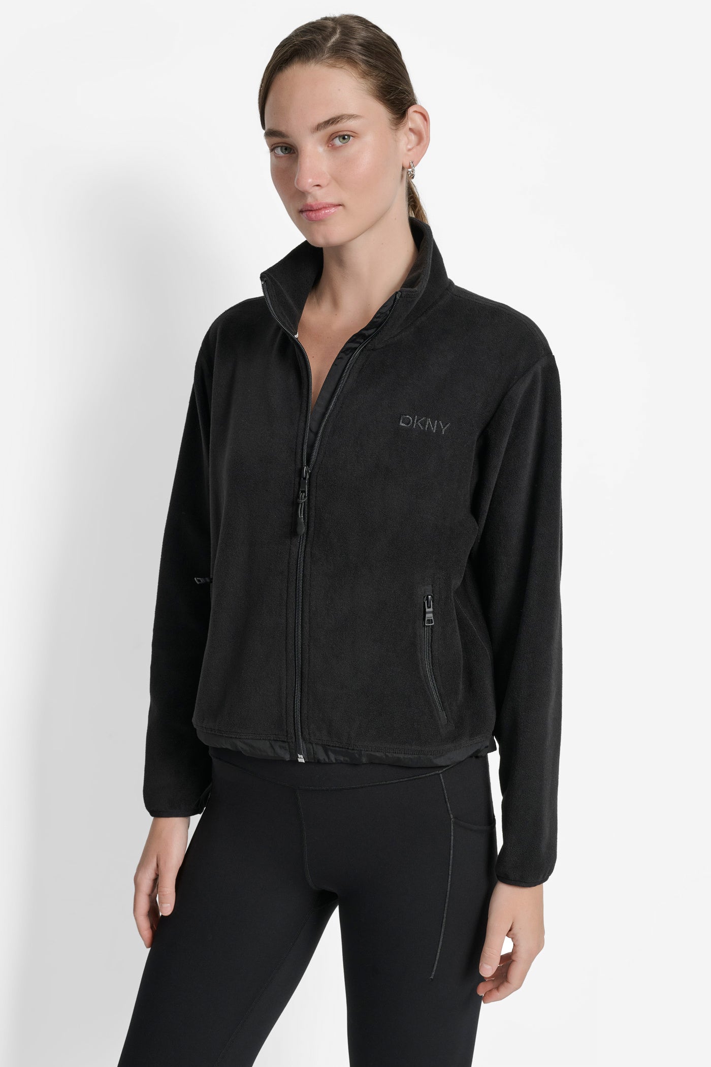 Black LOGO EMBROIDERED FLEECE JACKET, VIEW 1 | Jackets & Blazers