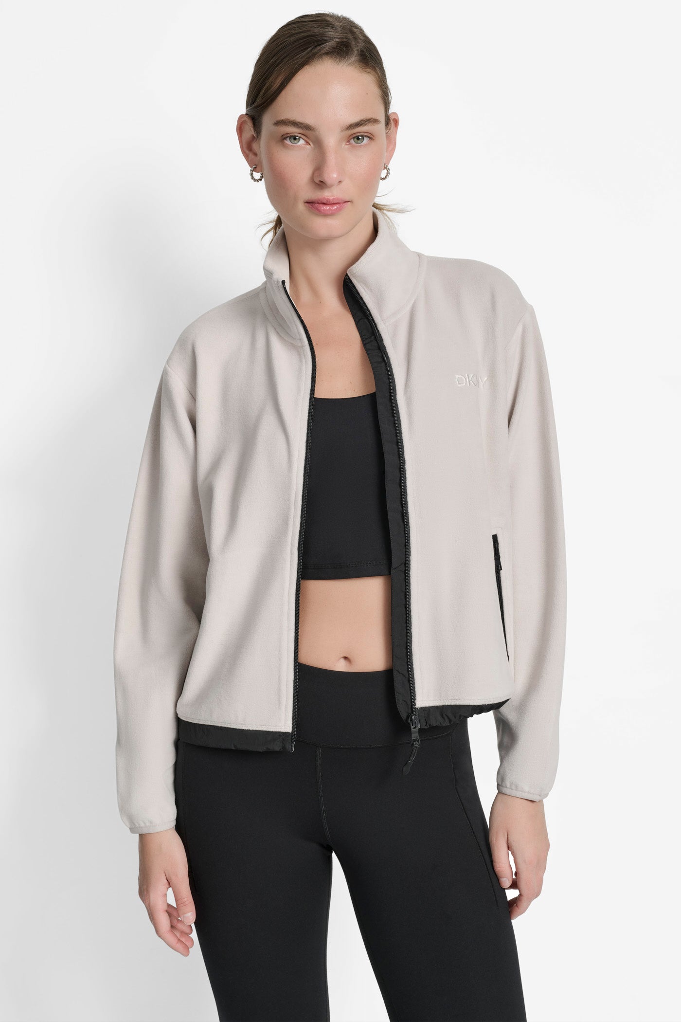OAT LOGO EMBROIDERED FLEECE JACKET, FRONT VIEW | DKNY Sport