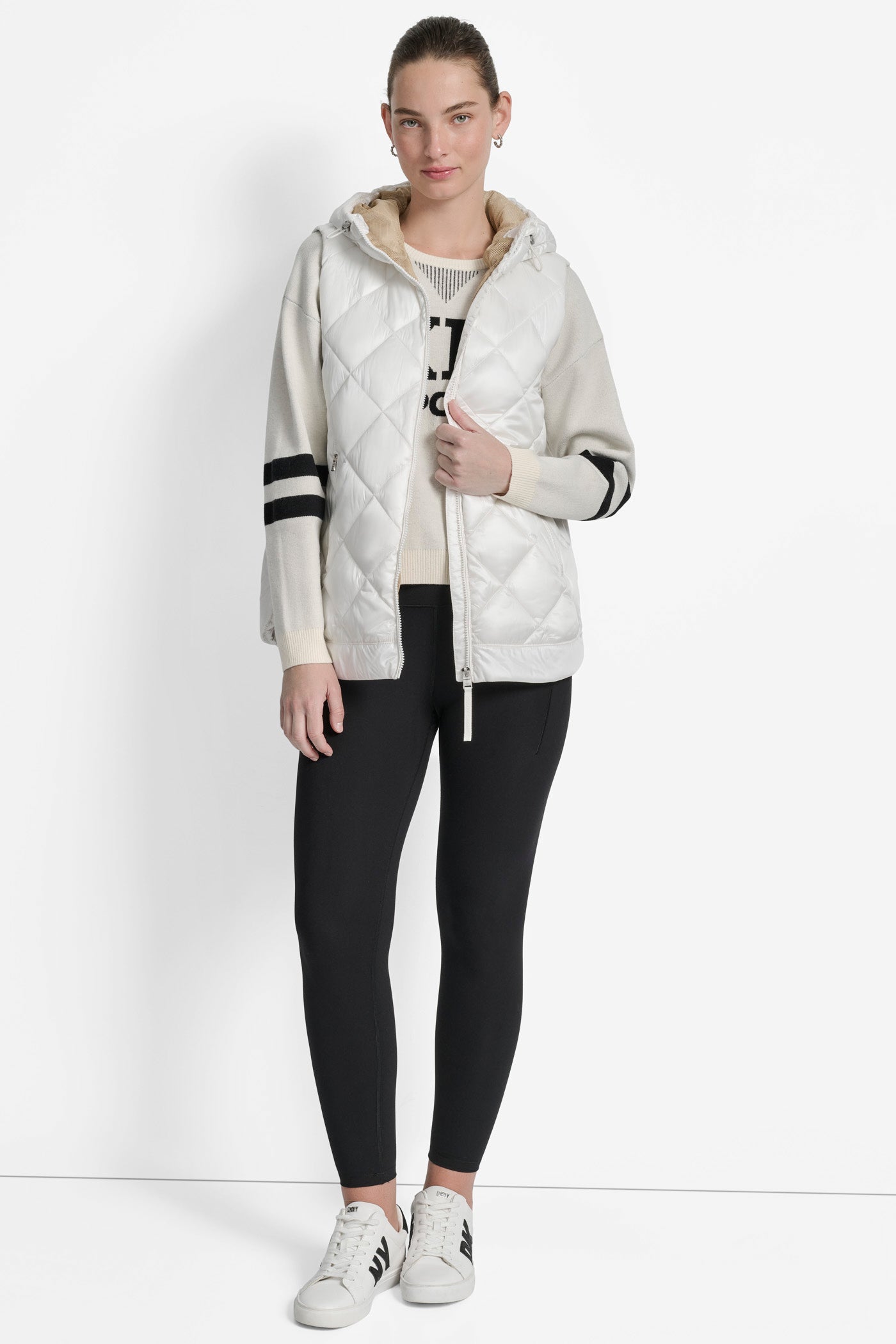 METALLIC IVORY/ TRAVERTINE MESH QUILTED HOODED VEST, BACK VIEW | Jackets & Blazers