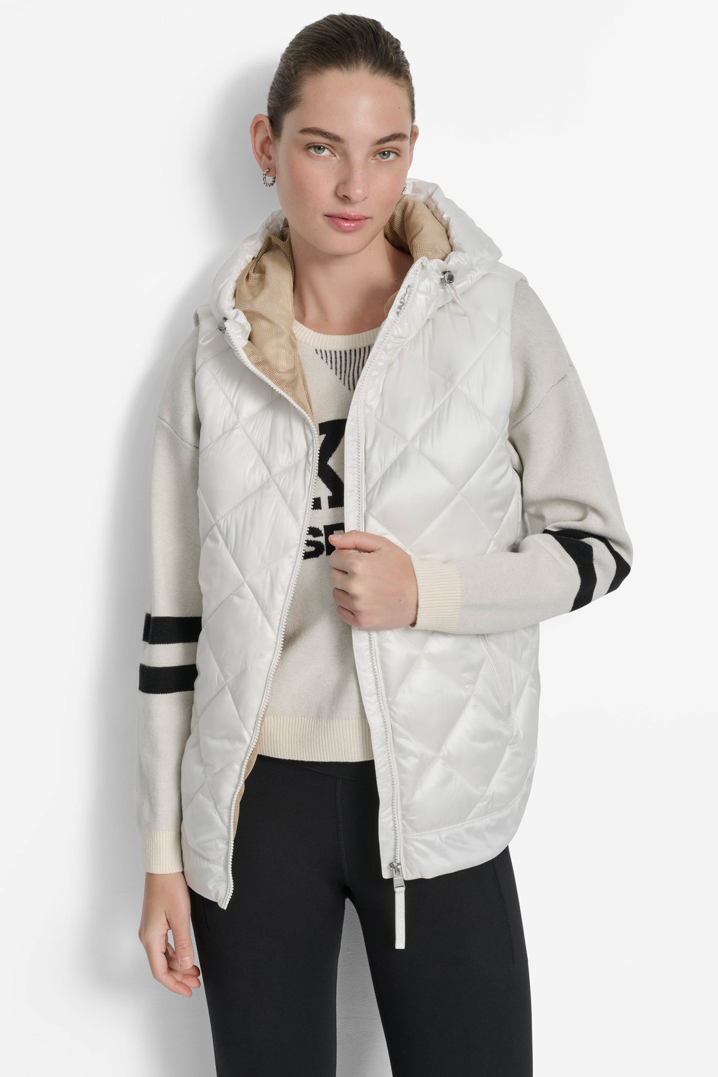 METALLIC IVORY/ TRAVERTINE MESH QUILTED HOODED VEST, FRONT VIEW | Jackets & Blazers