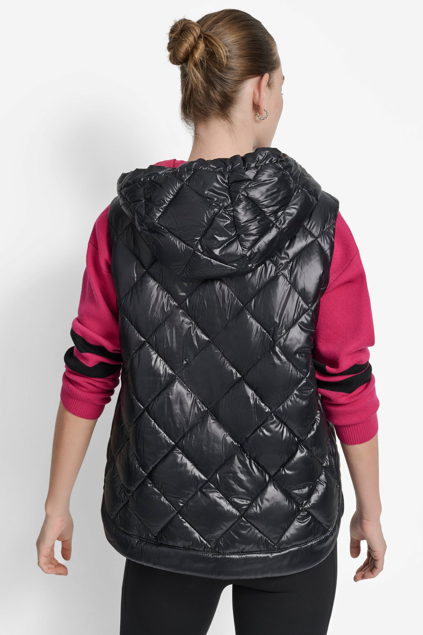 METALLIC BLACK/WILD BERRY MESH QUILTED HOODED VEST, BACK VIEW | Jackets & Blazers