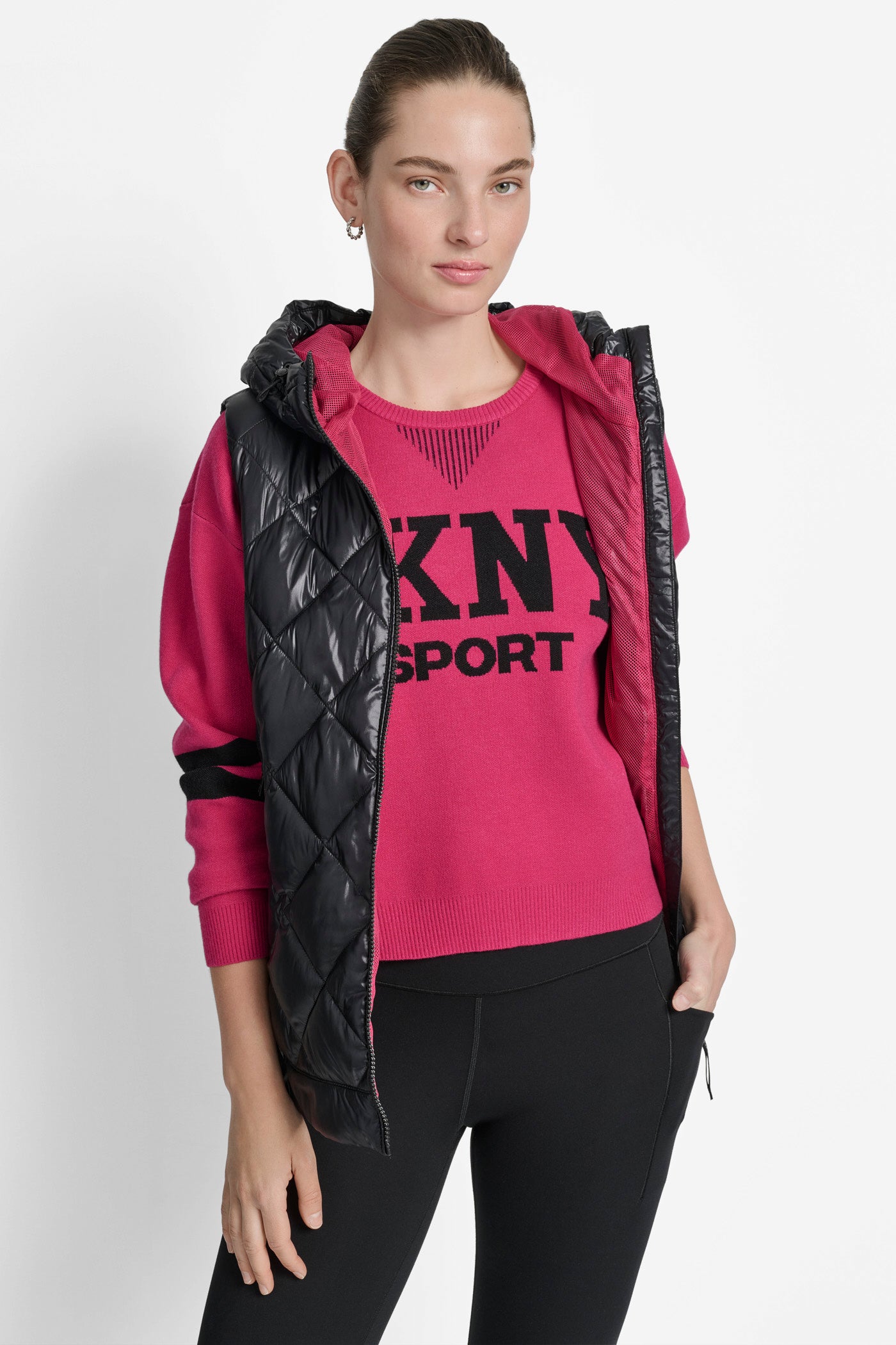 METALLIC BLACK/WILD BERRY MESH QUILTED HOODED VEST, FRONT VIEW | Jackets & Blazers