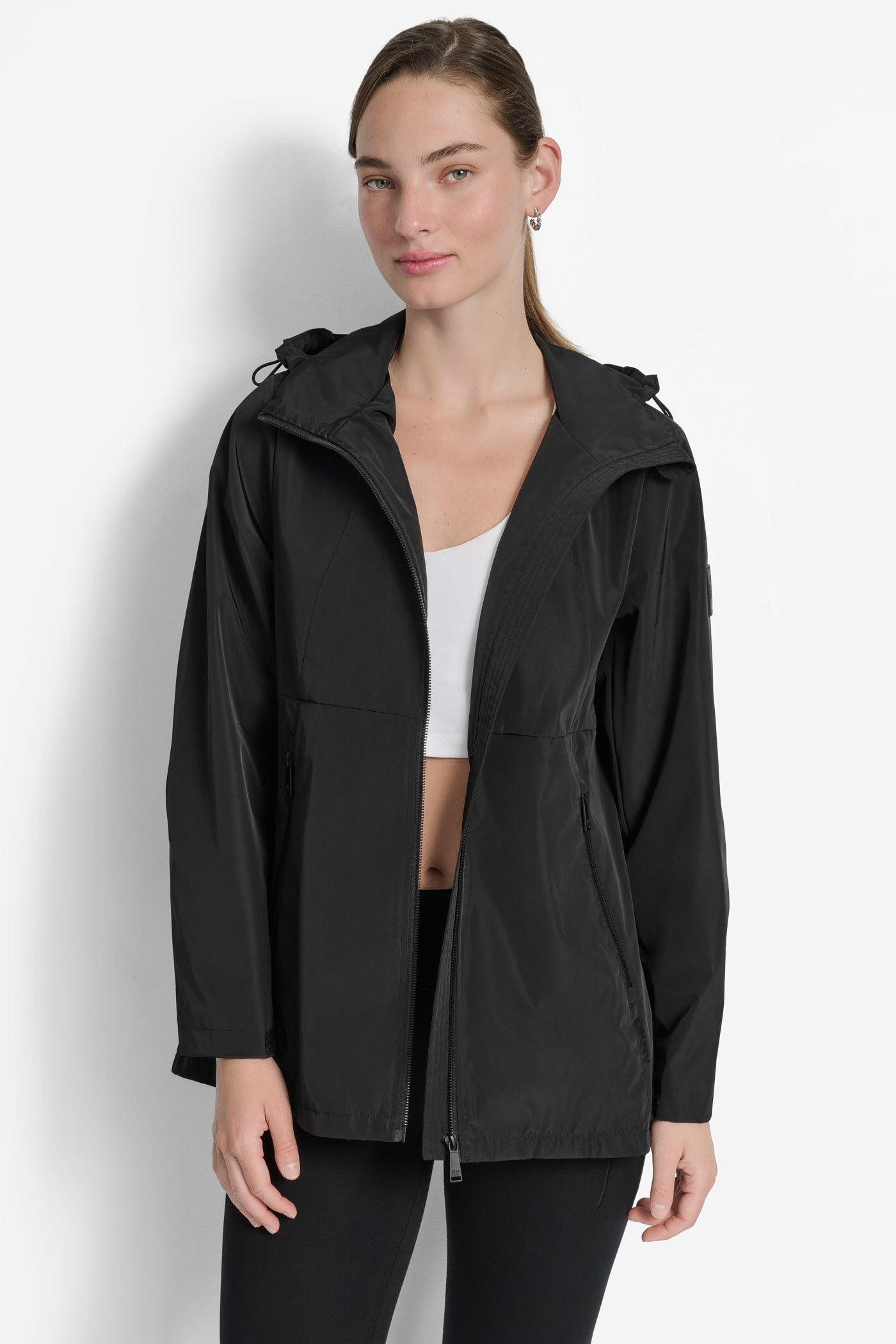 Black HOODED FULL ZIP SPECTATOR JACKET WITH VELCRO CUFF, FRONT VIEW | Jackets & Blazers