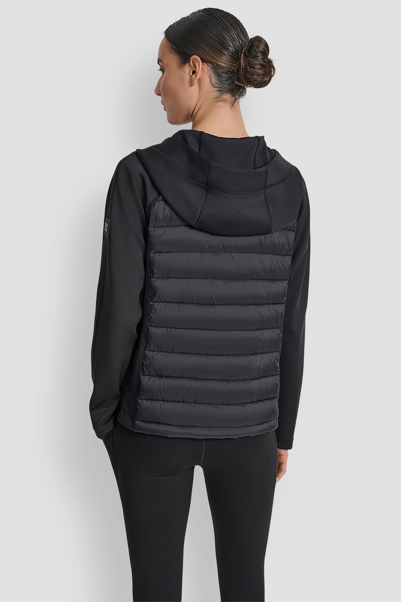 MATTE BLACK/ BLACK MIXED MEDIA HOODED HI LOW JACKET, BACK VIEW | Jackets & Blazers