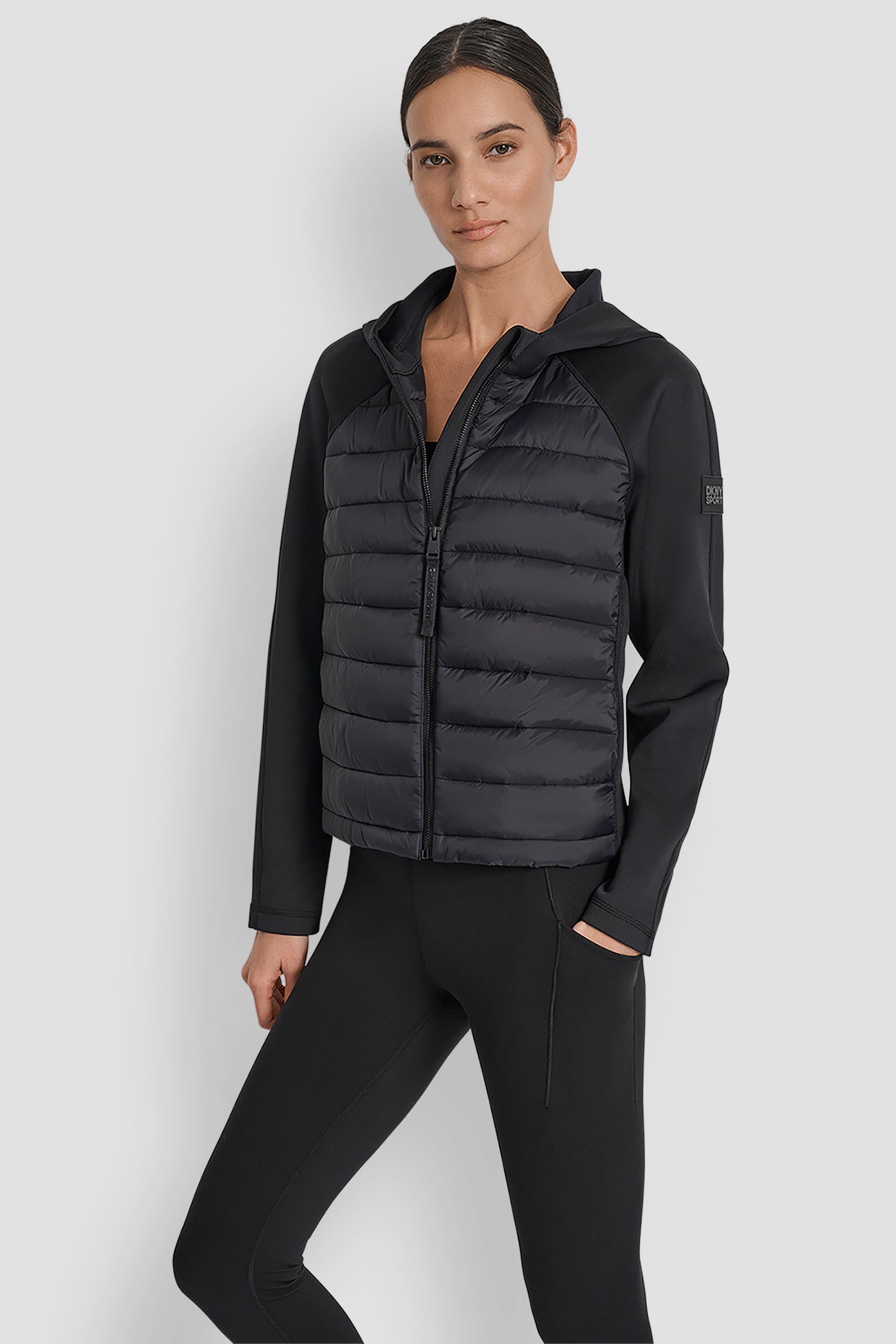 MATTE BLACK/ BLACK MIXED MEDIA HOODED HI LOW JACKET, FRONT VIEW | Jackets & Blazers