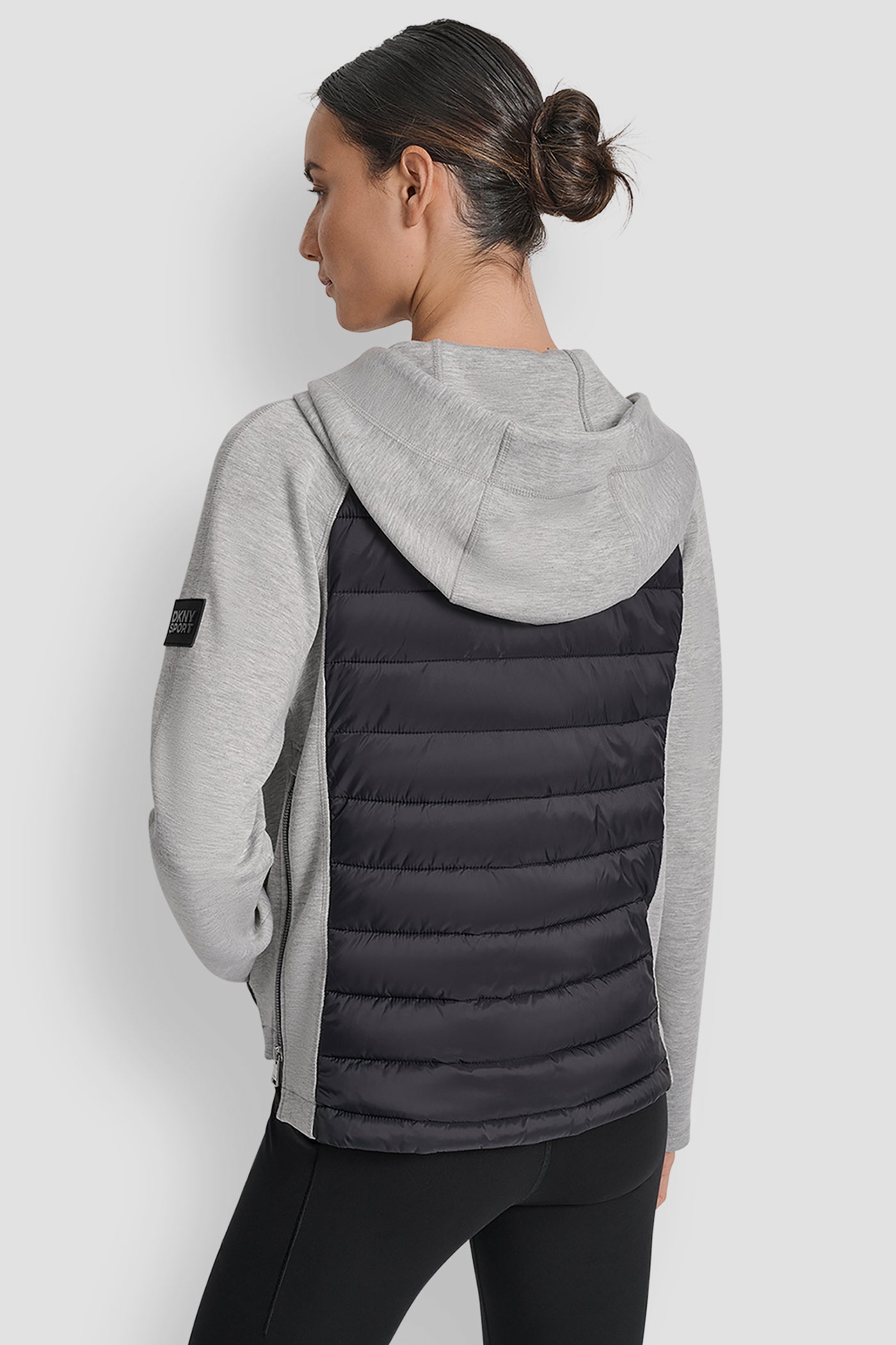 MATTE BLACK/ PEARL GREY HEATHER MIXED MEDIA HOODED HI LOW JACKET, BACK VIEW | Jackets & Blazers