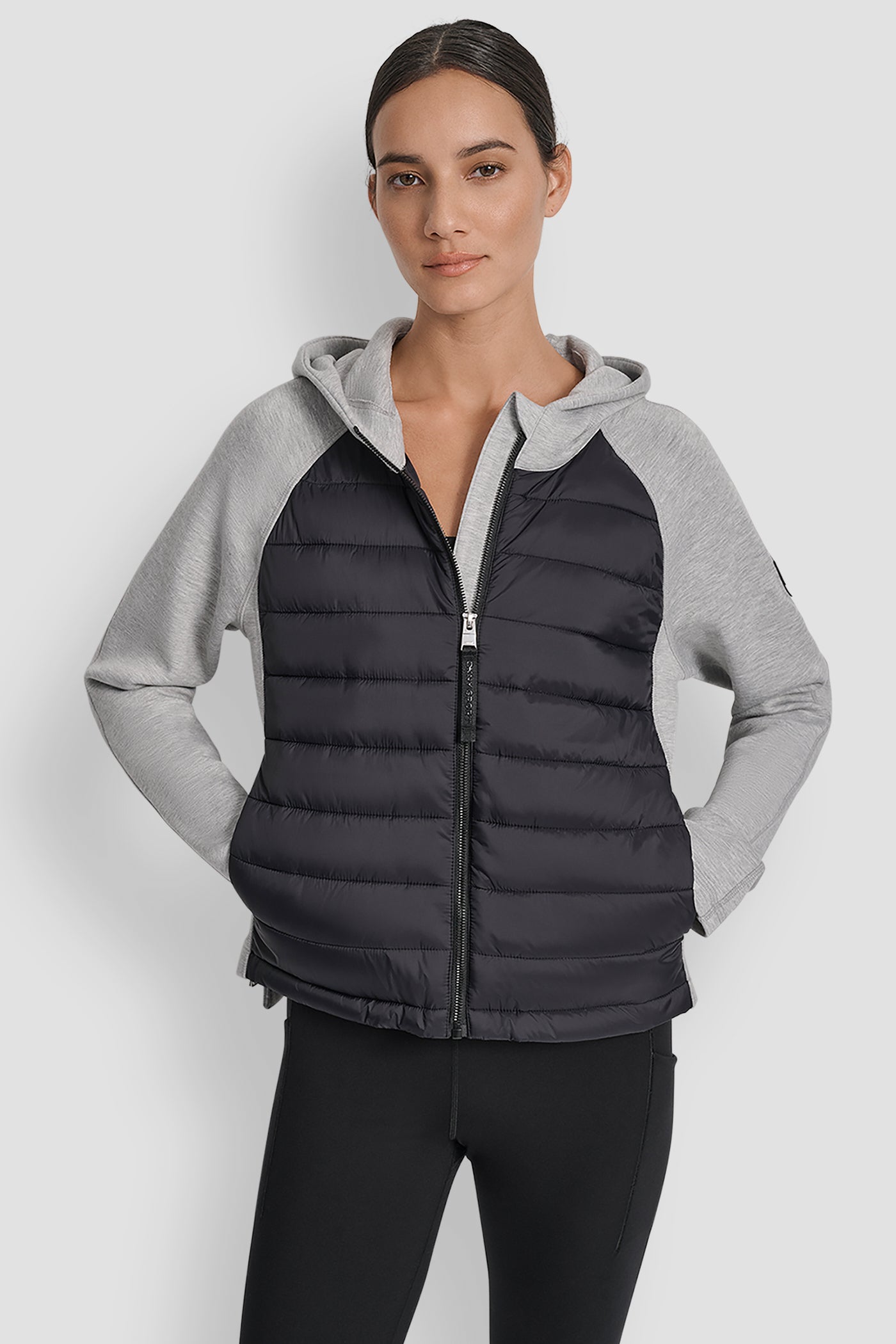 MATTE BLACK/ PEARL GREY HEATHER MIXED MEDIA HOODED HI LOW JACKET, FRONT VIEW | Jackets & Blazers