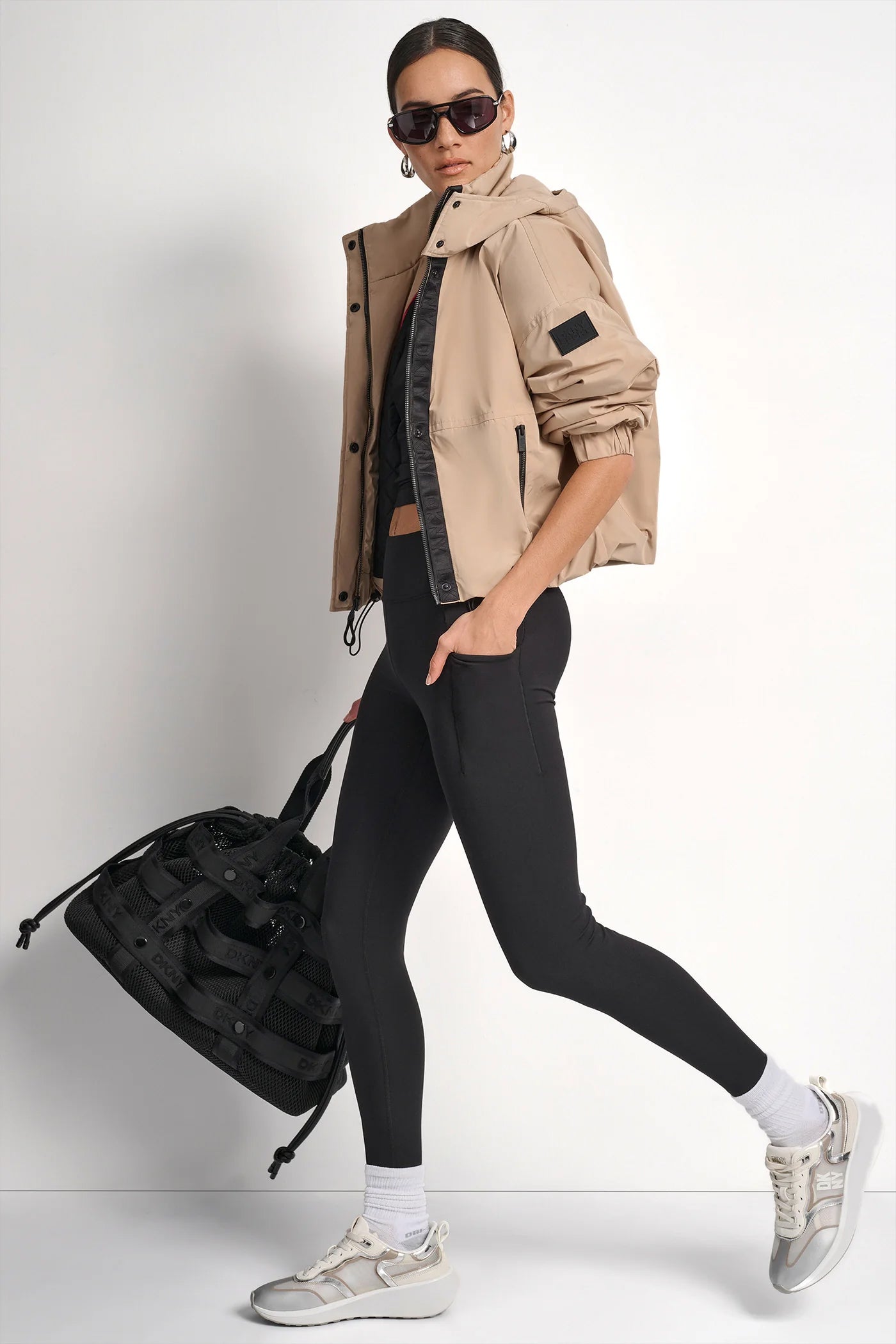 TRAVERTINE/ AZALEA SHORT LOGO EMBELLISHED HOODED JACKET, VIEW 1 | Back-To-School Shop