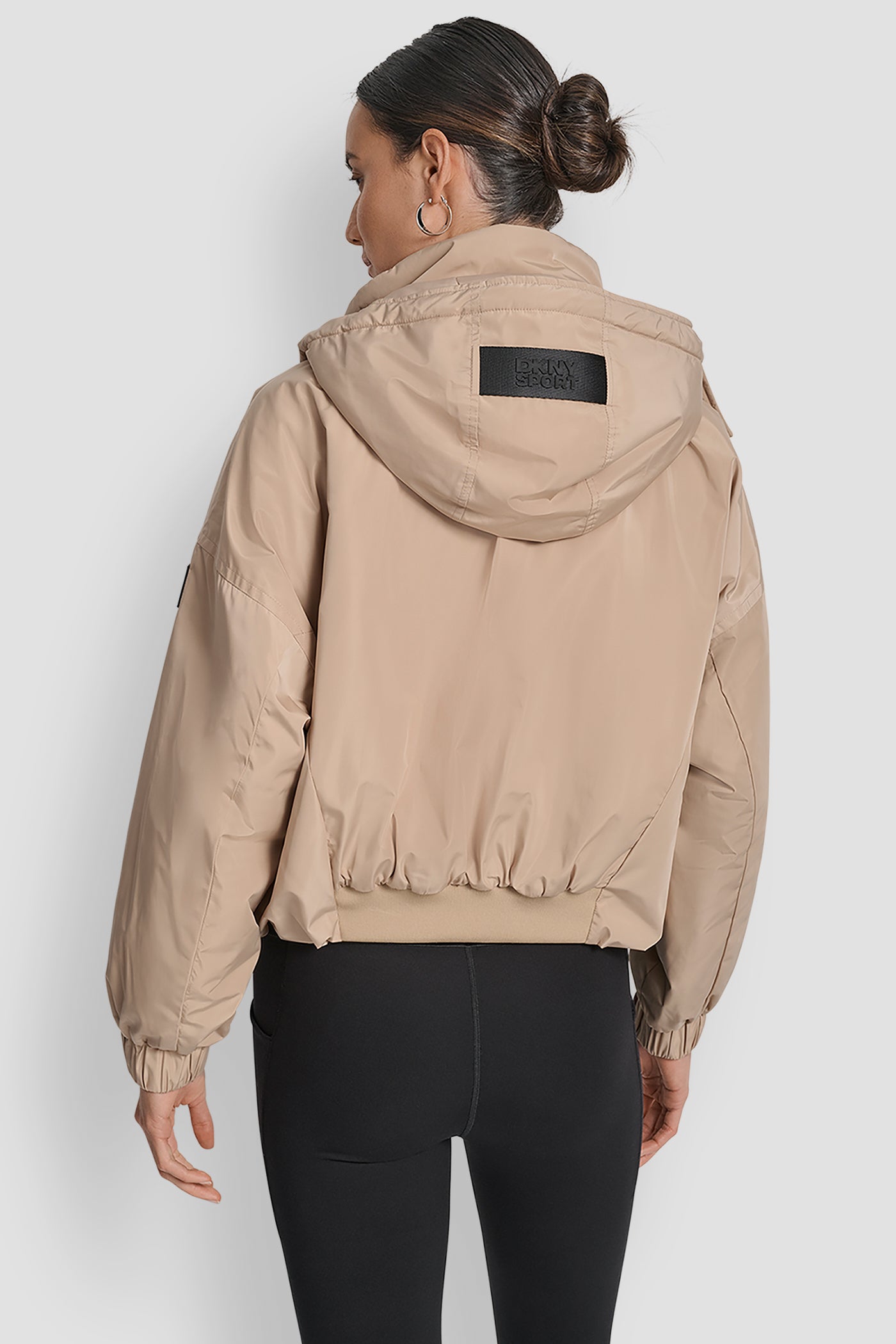 TRAVERTINE/ AZALEA SHORT LOGO EMBELLISHED HOODED JACKET, BACK VIEW | Jackets & Blazers