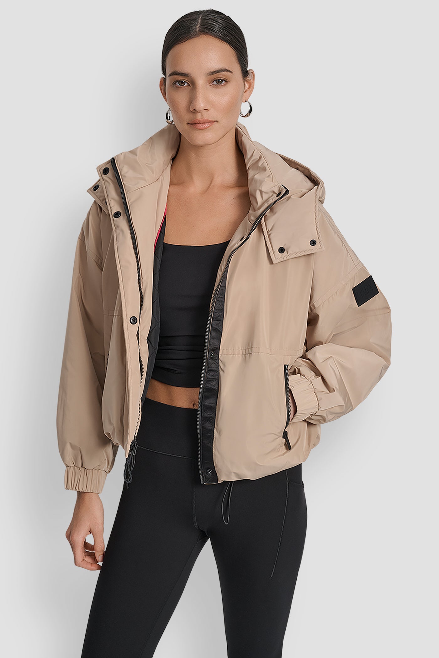 TRAVERTINE/ AZALEA SHORT LOGO EMBELLISHED HOODED JACKET, FRONT VIEW | Jackets & Blazers