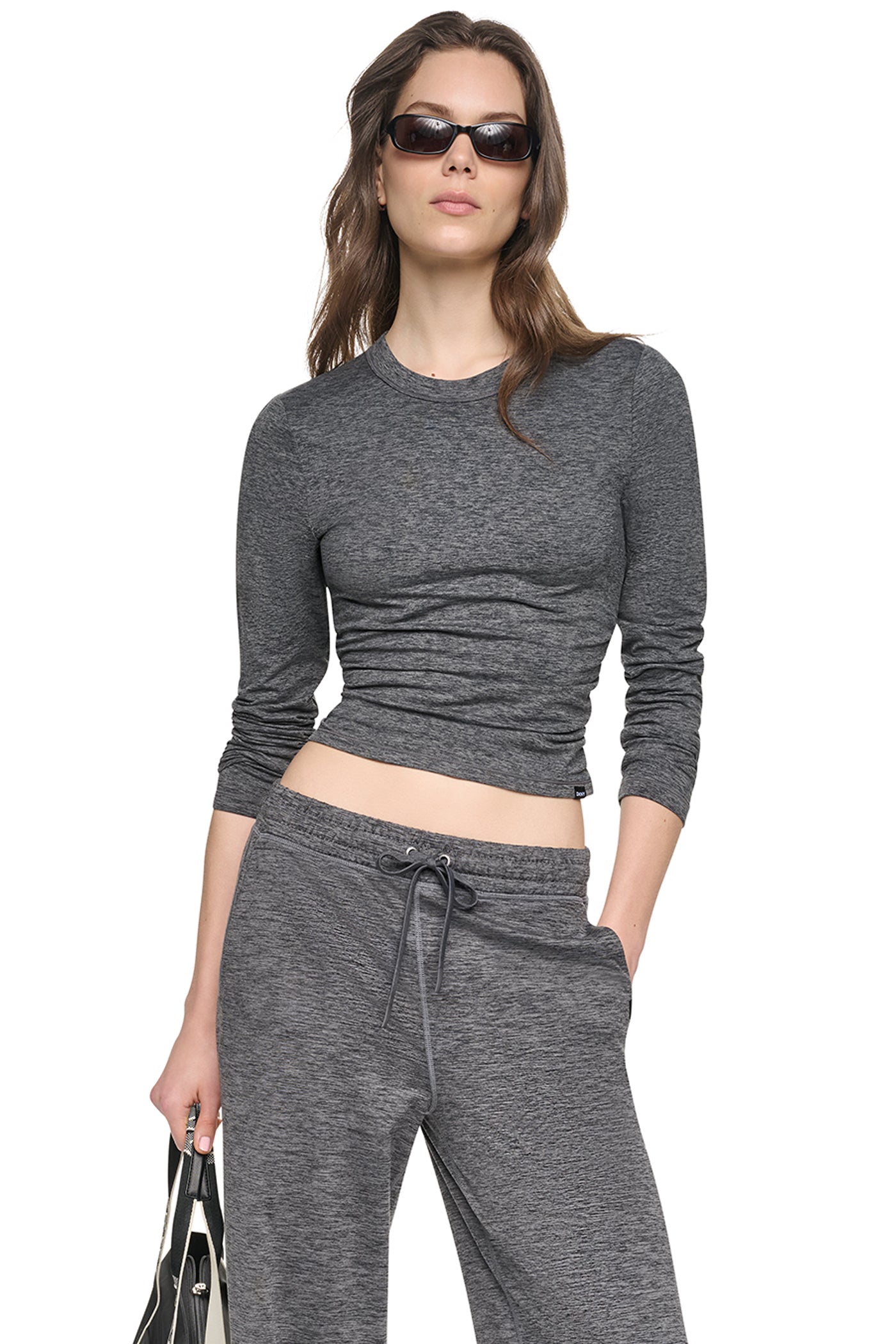 LONG SLEEVE SPACEDYE RUCHED TOP VIEW 1