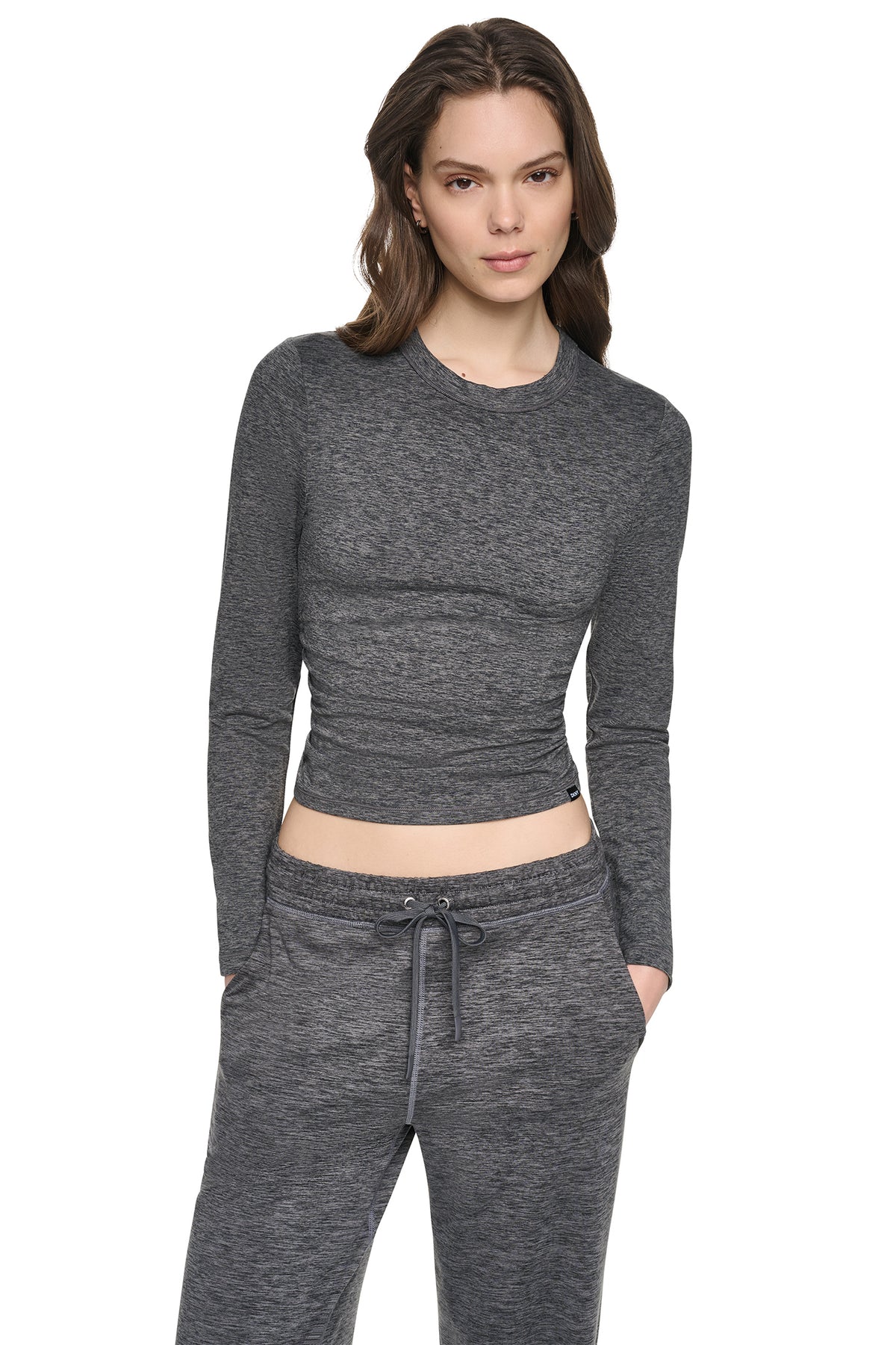LONG SLEEVE SPACEDYE RUCHED TOP VIEW 2