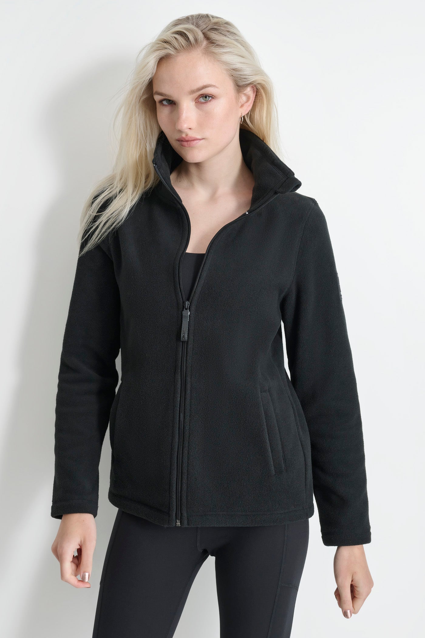 Black TECH FLEECE JACKET WITH MATTE SHINE LOGO SLEEVE PATCH, VIEW 1 | Coats under $100