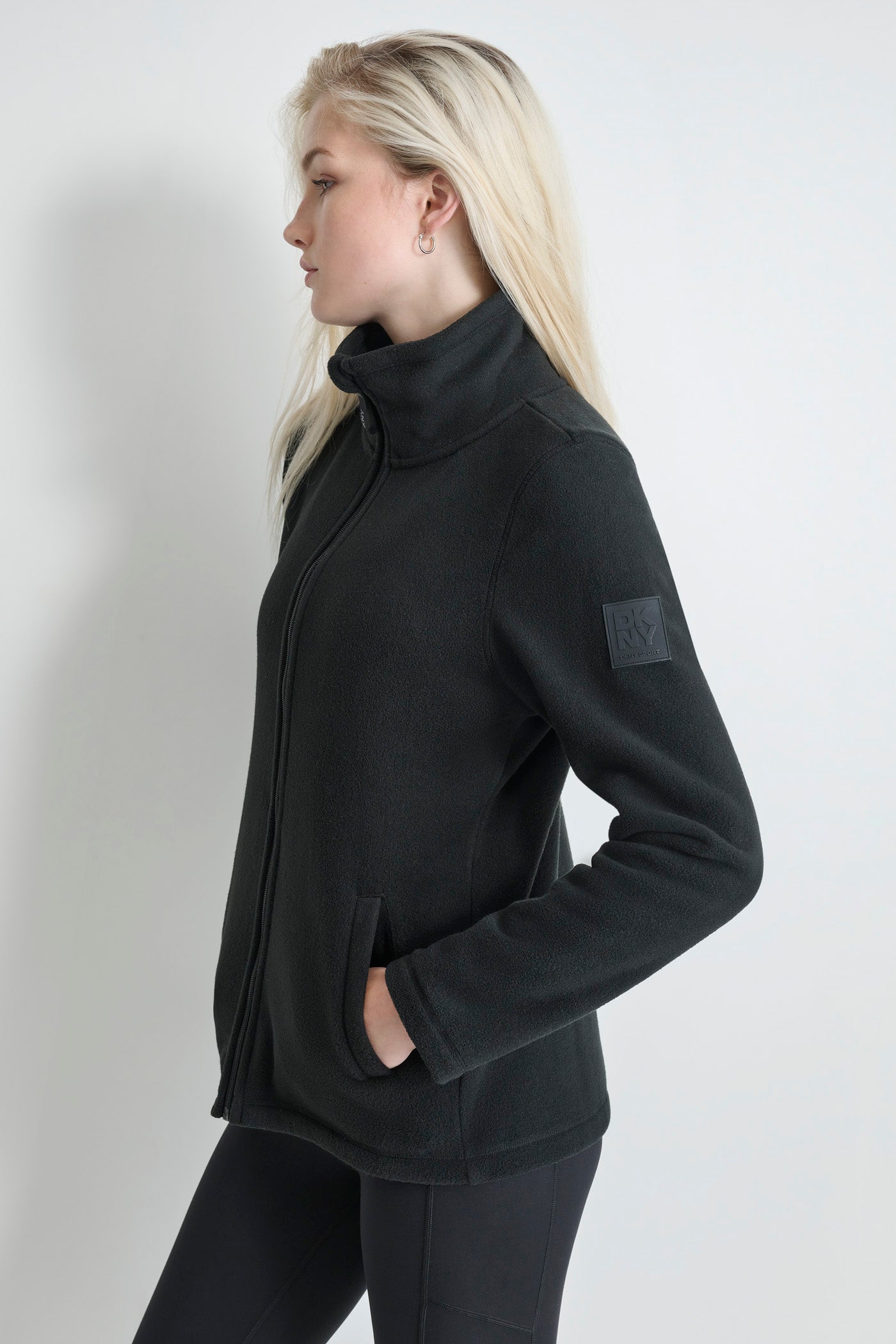 Black TECH FLEECE JACKET WITH MATTE SHINE LOGO SLEEVE PATCH, VIEW 2 | Coats under $100