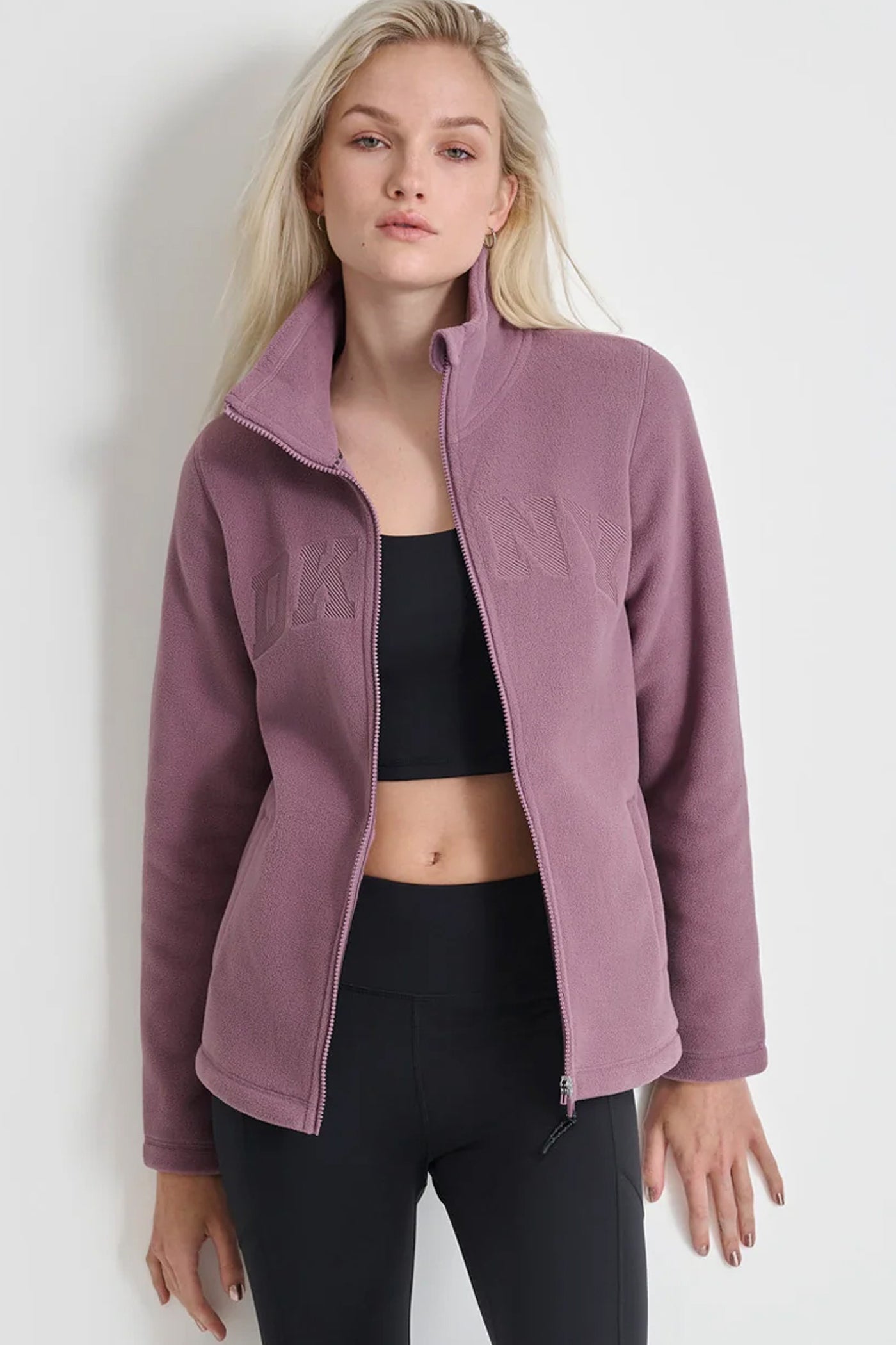 DEEP MAUVE TECH FLEECE FULL ZIP JACKET WITH VARSITY TWILL LOGO, VIEW 1 | DKNY Sport