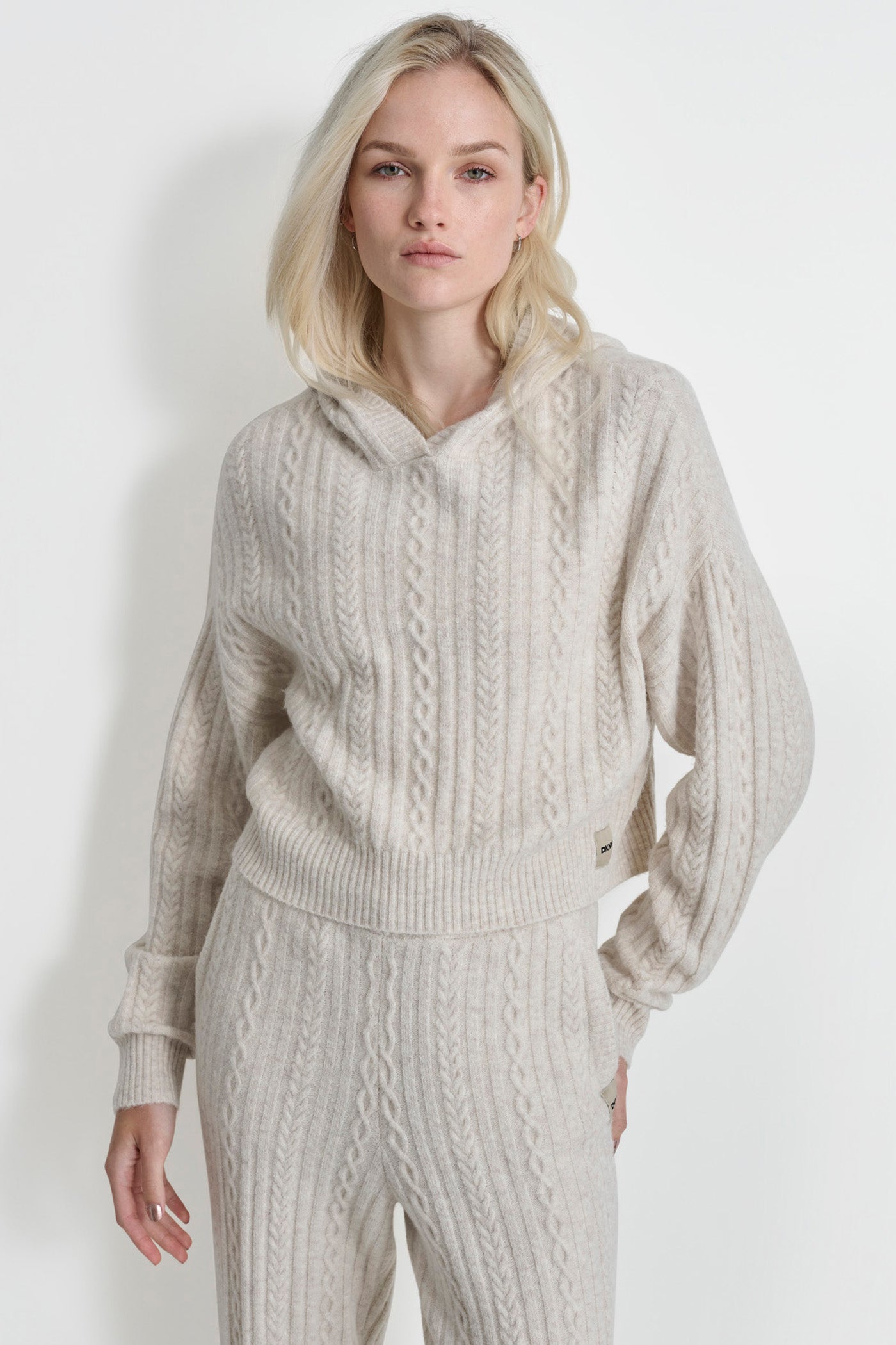 Cream COZY CABLE SWEATER HOODIE, FRONT VIEW