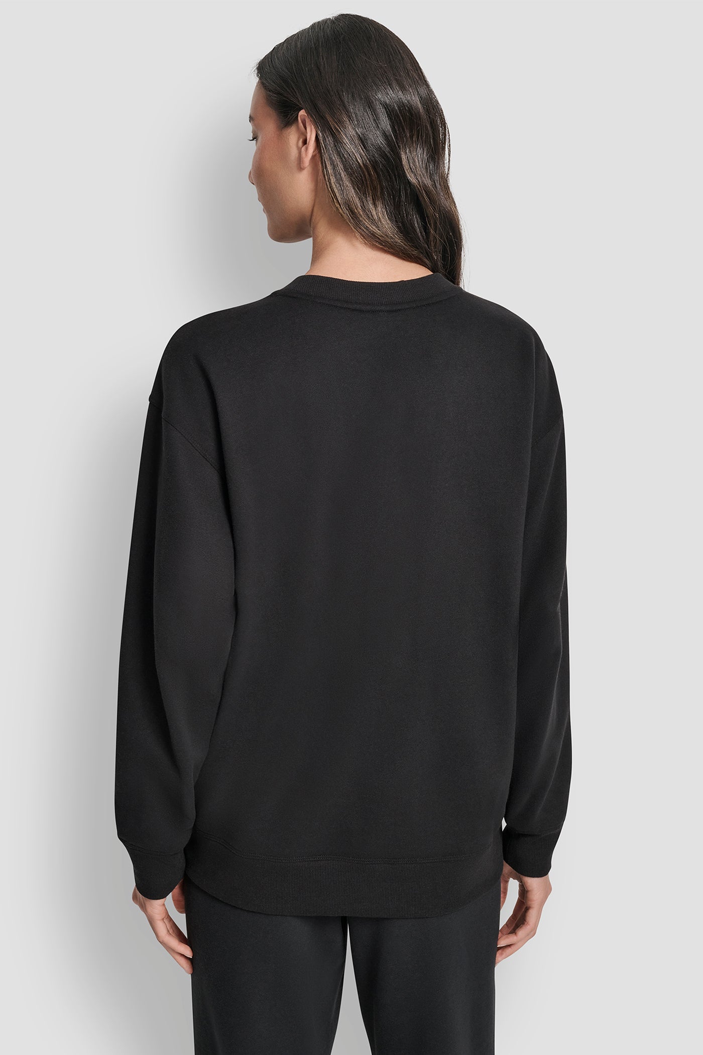 Black STACKED SATIN LOGO LONG LINE CREW NECK PULLOVER, BACK VIEW | Sweatshirts & Joggers
