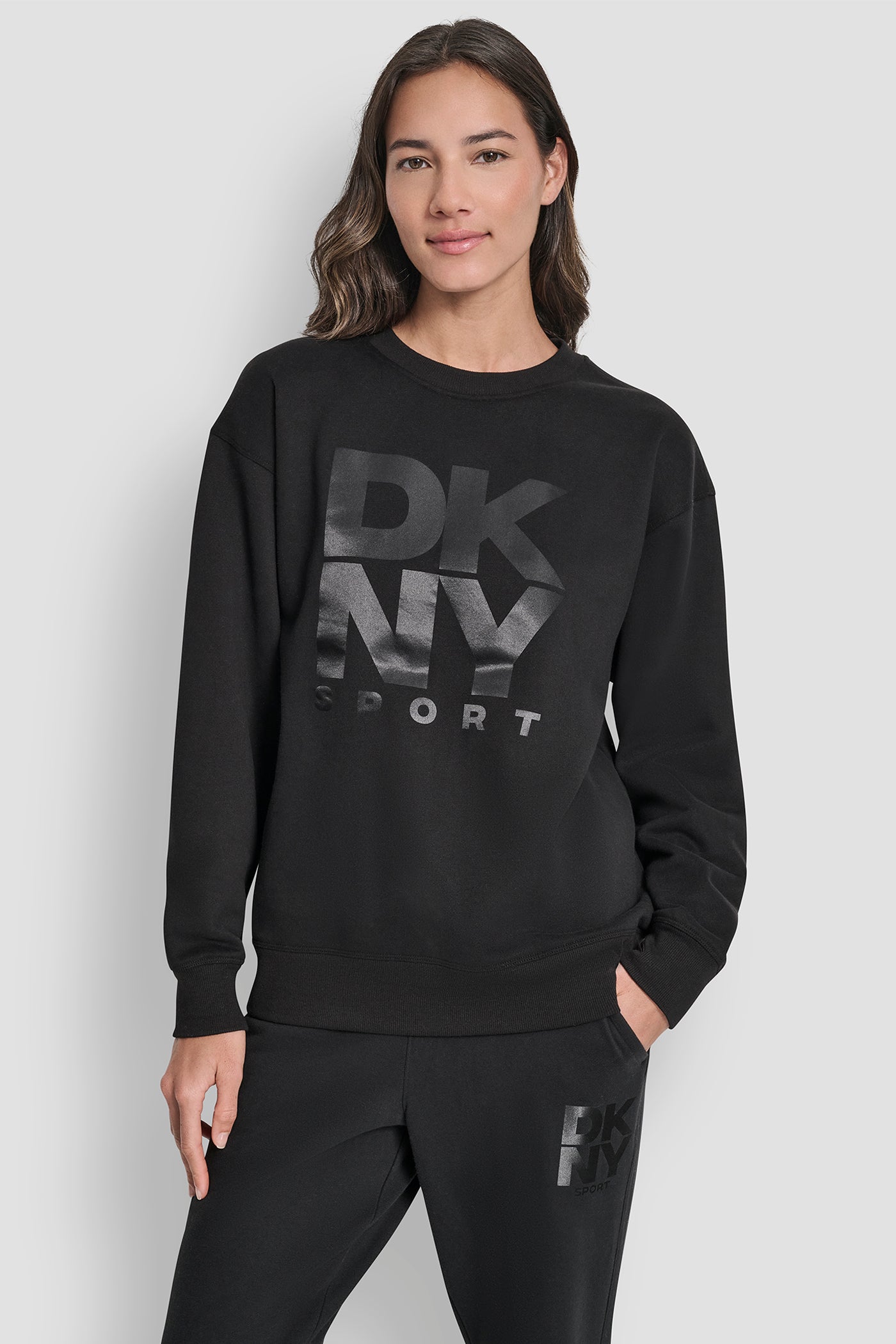 Black STACKED SATIN LOGO LONG LINE CREW NECK PULLOVER, FRONT VIEW | Sweatshirts & Joggers