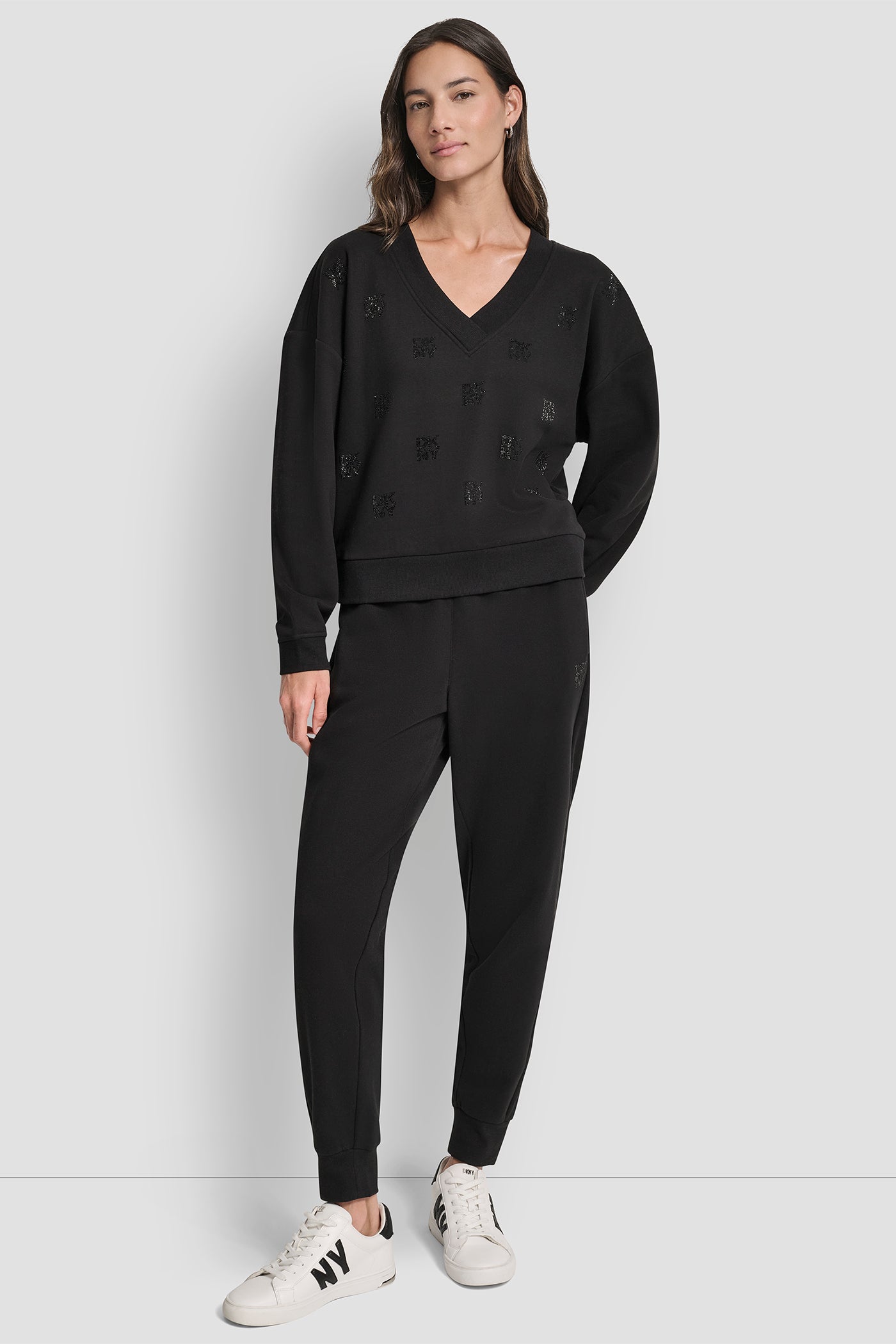 ALLOVER STACKED RHINESTONE LOGO V NECK PULLOVER VIEW 3 | Gifts Under $100