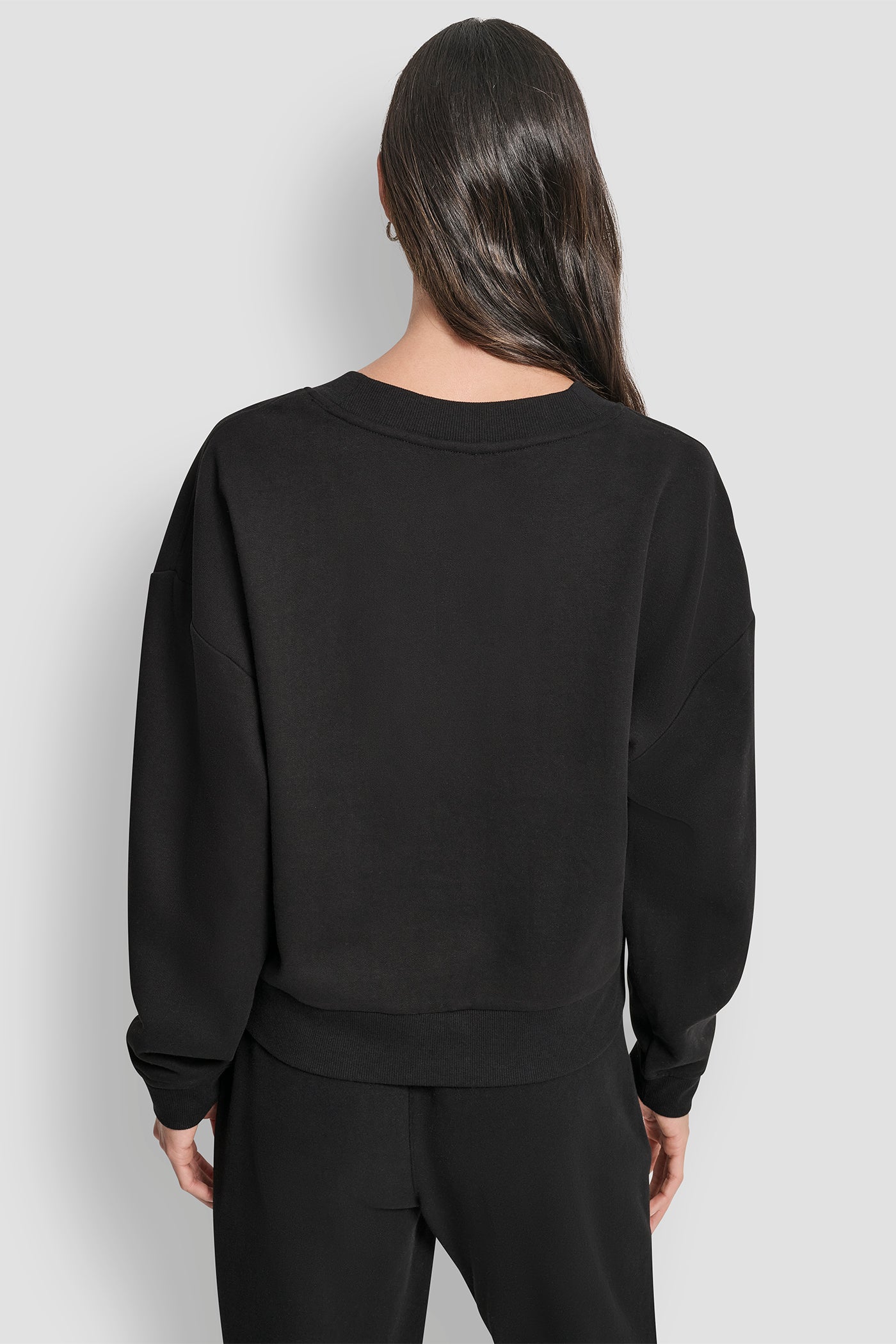 Black ALLOVER STACKED RHINESTONE LOGO V NECK PULLOVER, BACK VIEW | Gifts Under $100