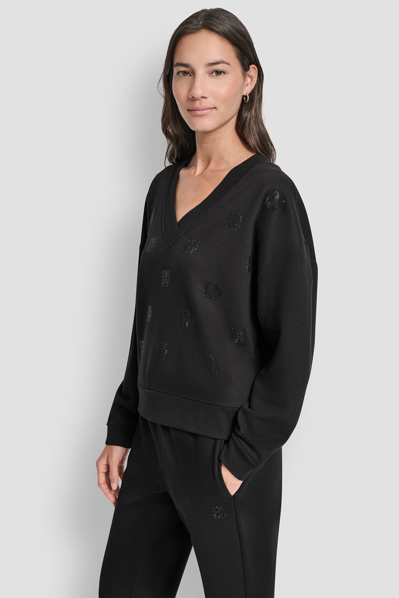 ALLOVER STACKED RHINESTONE LOGO V NECK PULLOVER VIEW 4 | Gifts Under $100