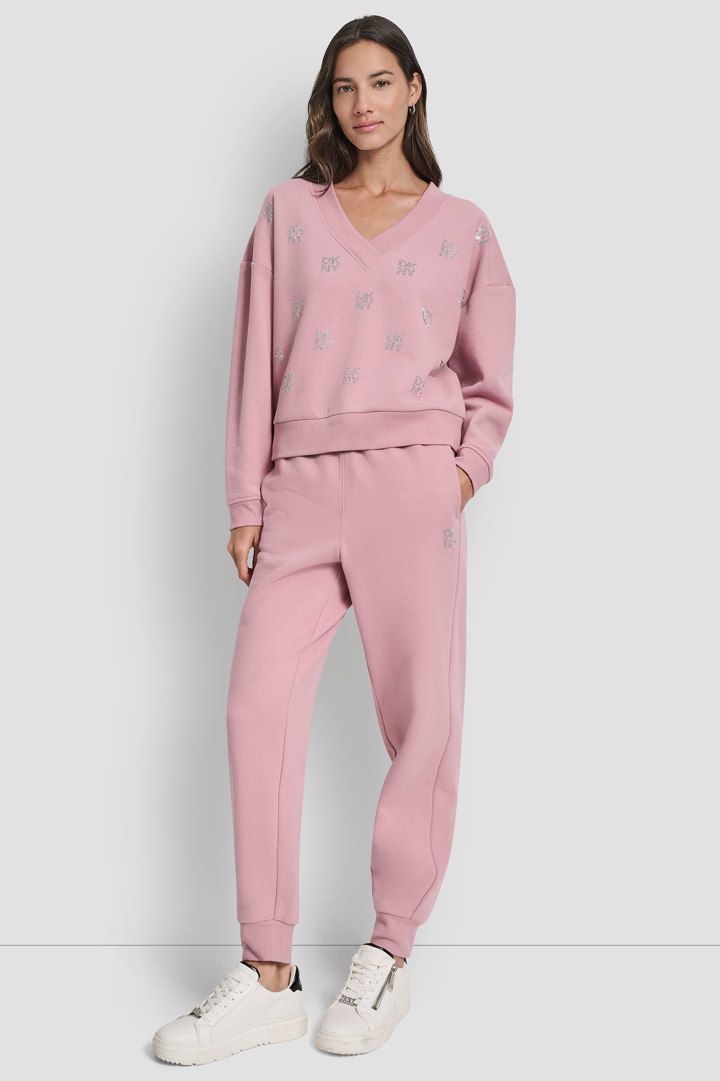 ALLOVER STACKED RHINESTONE LOGO V NECK PULLOVER VIEW 3 | Gifts Under $100