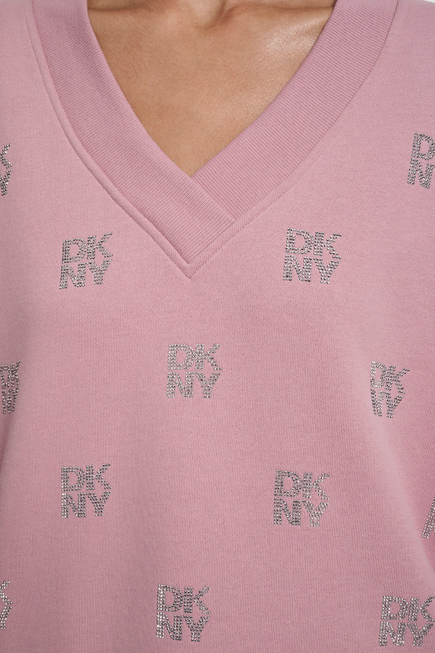 ALLOVER STACKED RHINESTONE LOGO V NECK PULLOVER VIEW 5 | Gifts Under $100