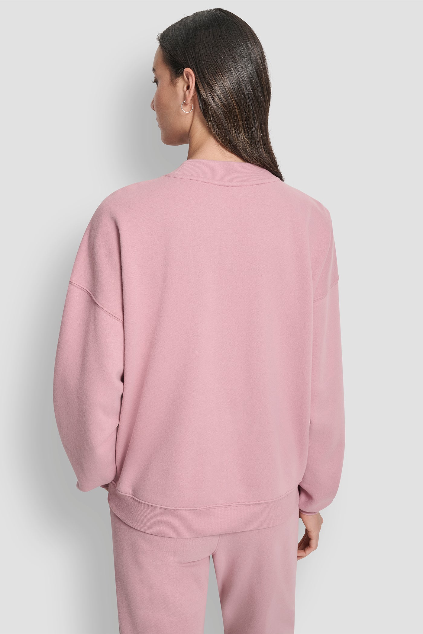Pink ALLOVER STACKED RHINESTONE LOGO V NECK PULLOVER, BACK VIEW | Gifts Under $100