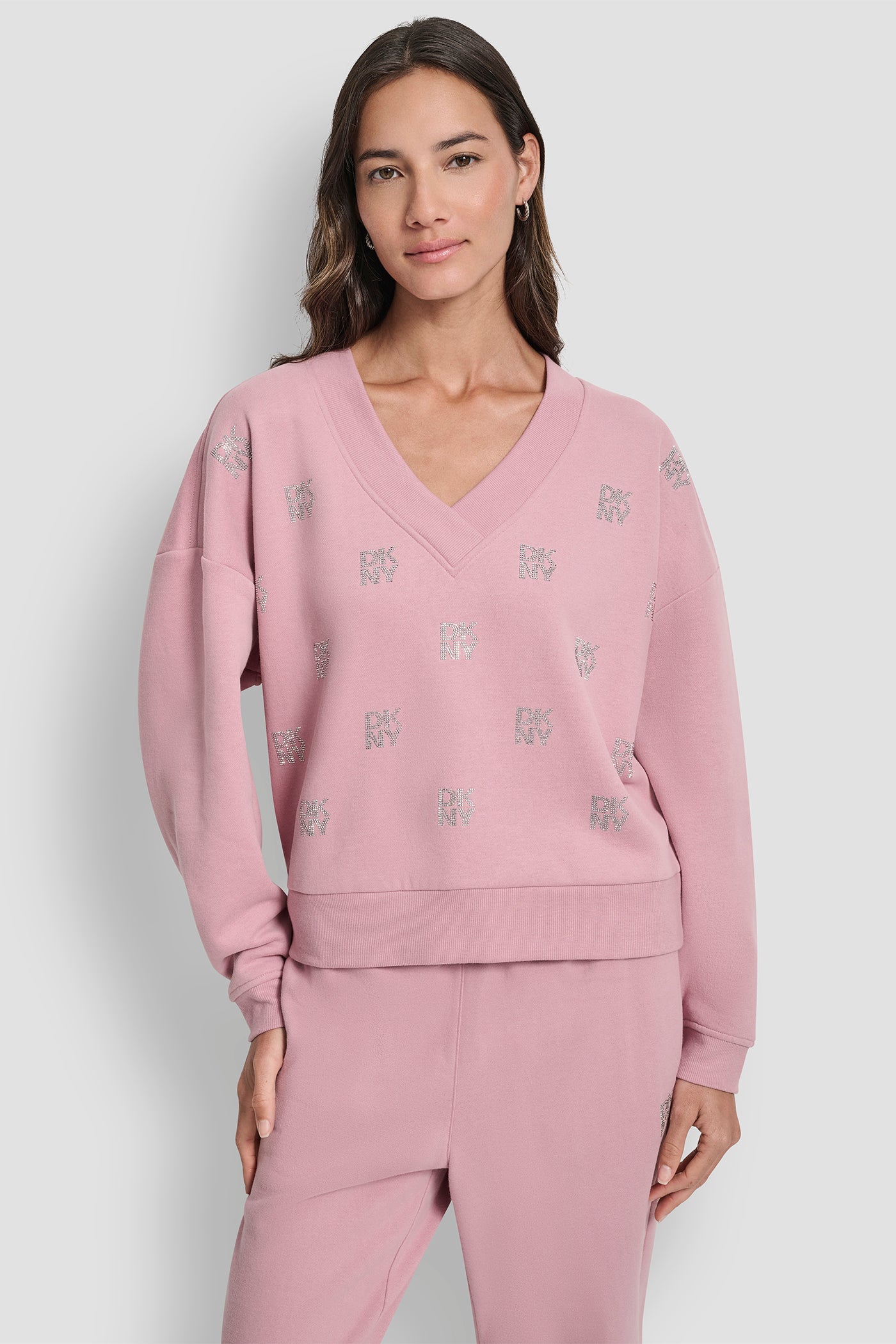 Pink ALLOVER STACKED RHINESTONE LOGO V NECK PULLOVER, FRONT VIEW | Gifts Under $100