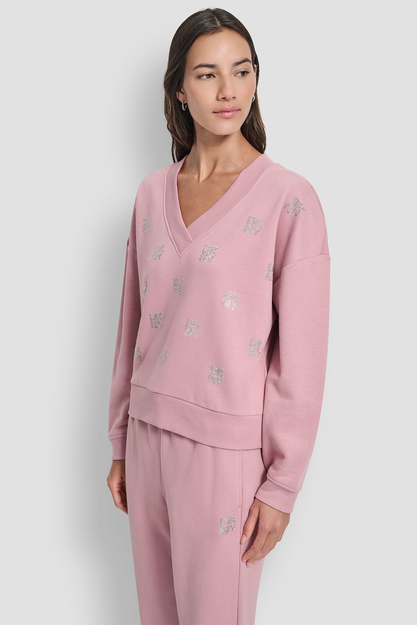 ALLOVER STACKED RHINESTONE LOGO V NECK PULLOVER VIEW 4 | Gifts Under $100