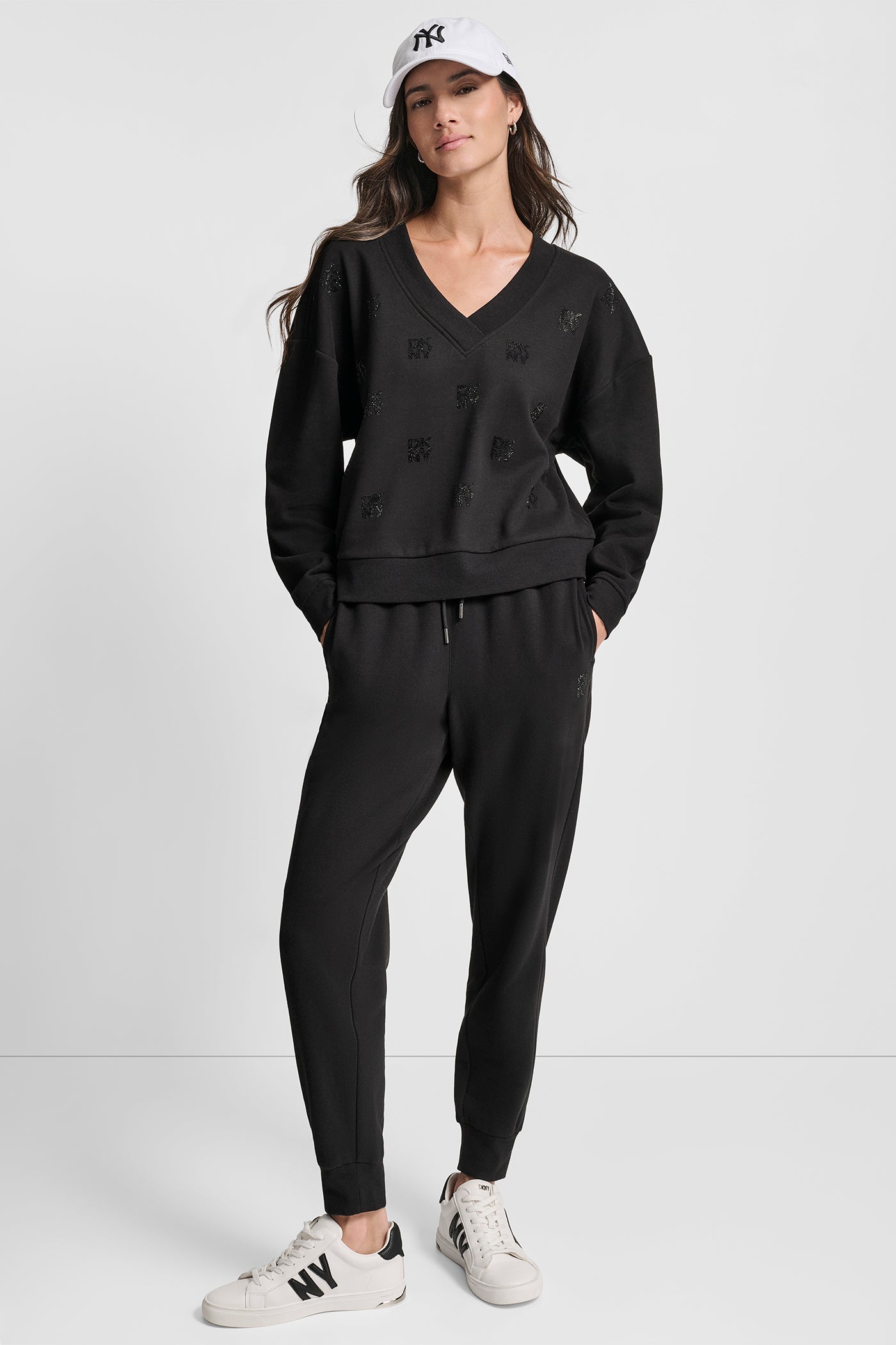Black ALLOVER STACKED RHINESTONE LOGO JOGGER, VIEW 1 | Gifts Under $100