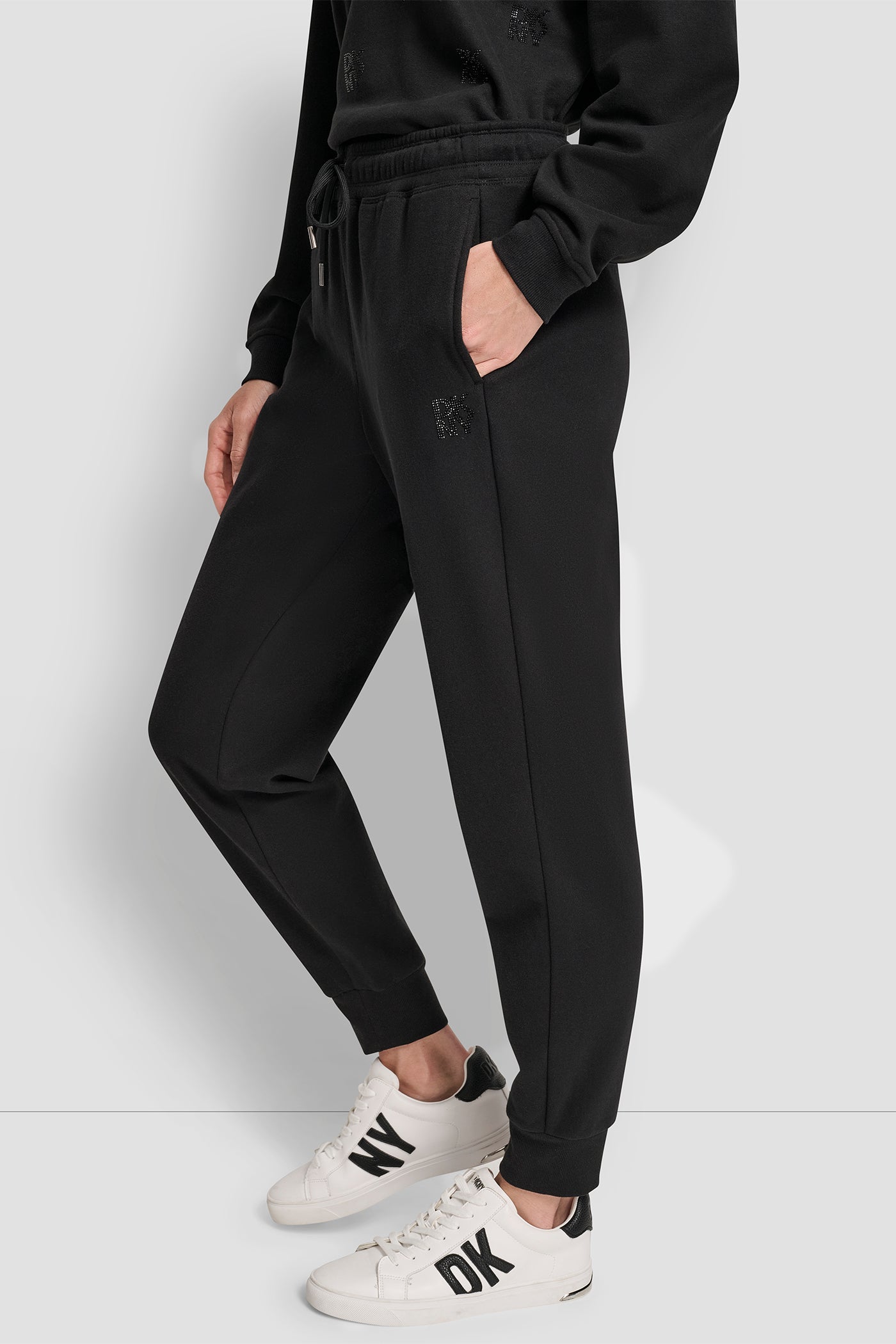 Black ALLOVER STACKED RHINESTONE LOGO JOGGER, VIEW 2 | Gifts Under $100