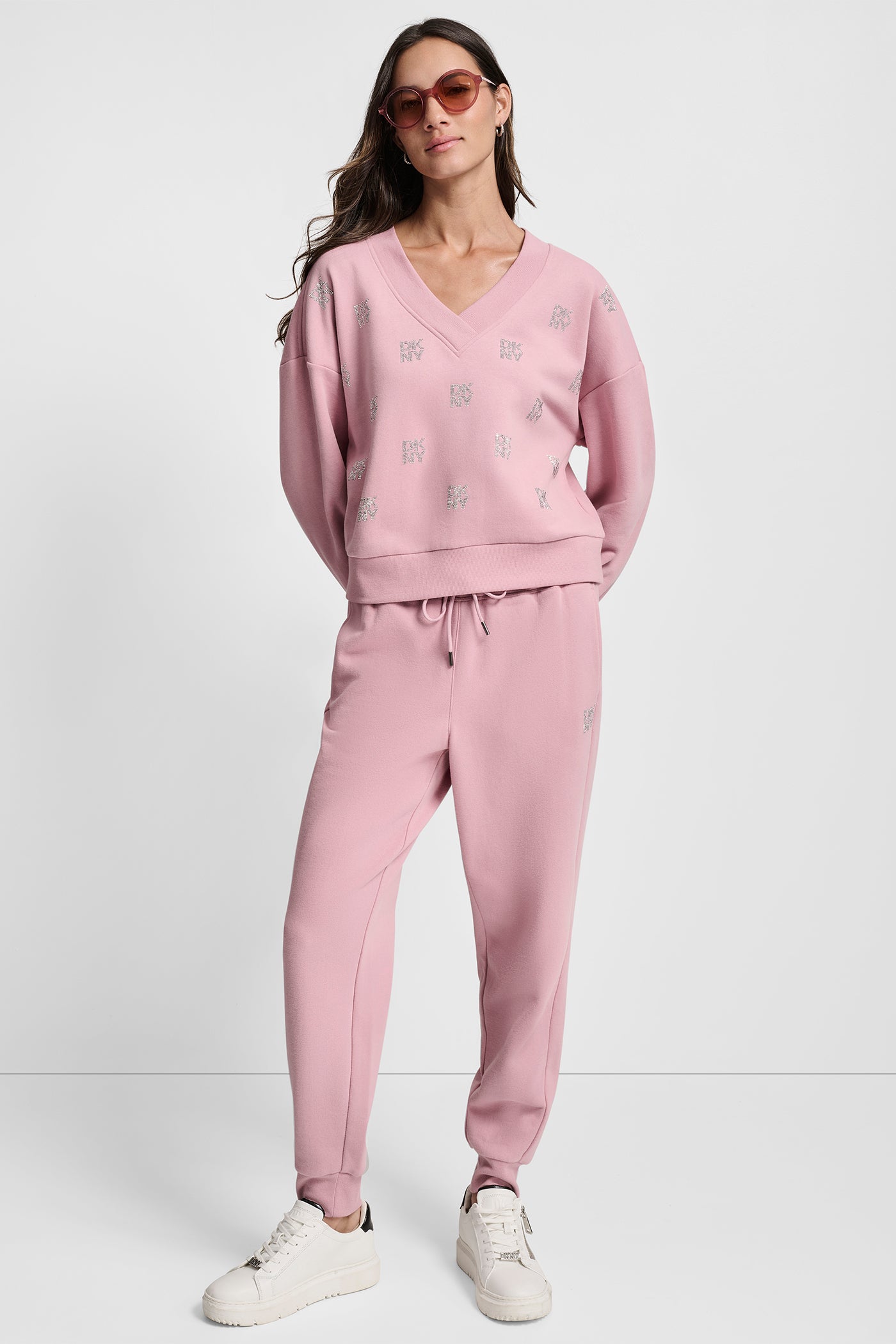 Pink ALLOVER STACKED RHINESTONE LOGO JOGGER, VIEW 1 | Gifts Under $100