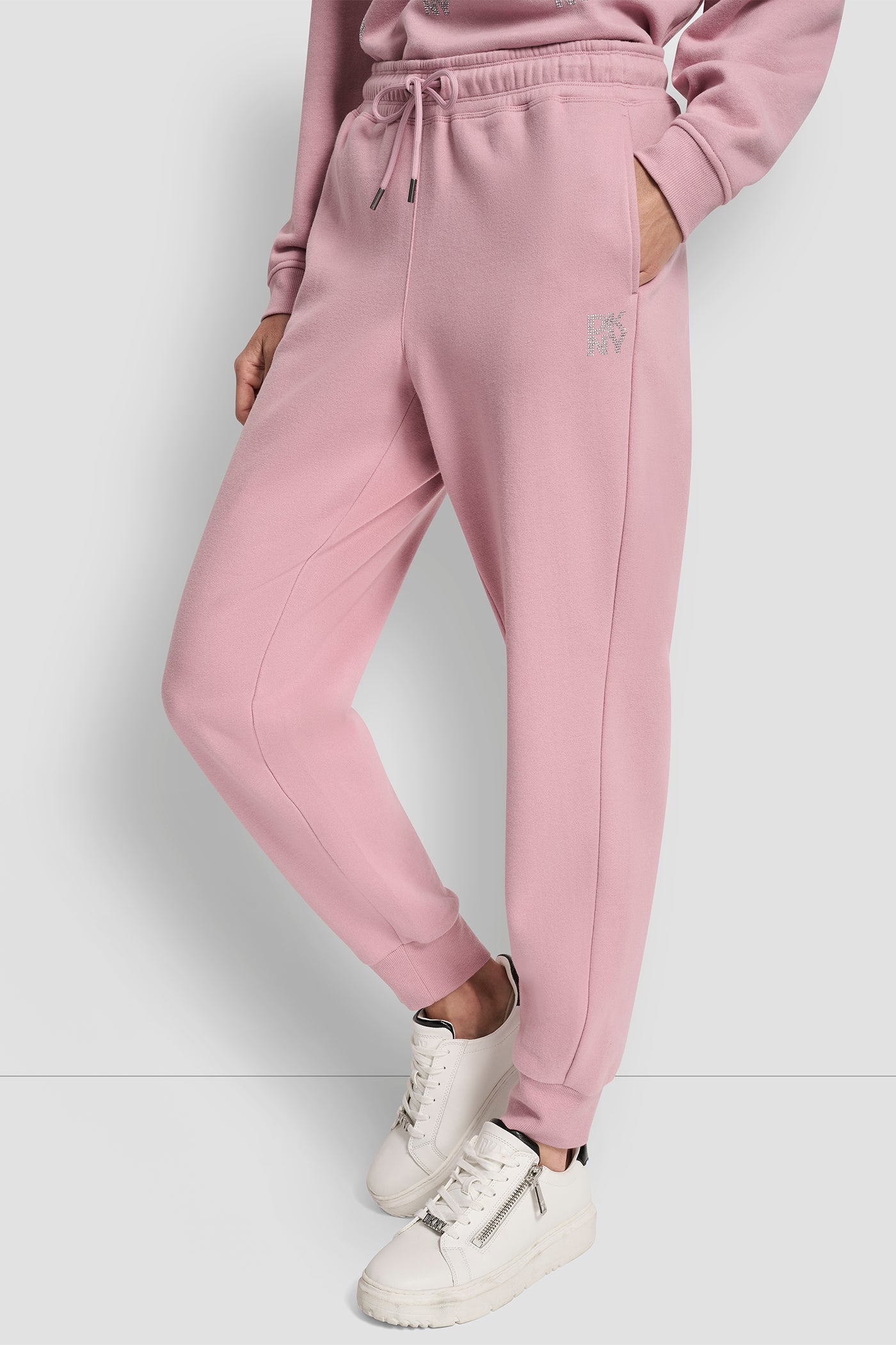 Pink ALLOVER STACKED RHINESTONE LOGO JOGGER, VIEW 2 | Gifts Under $100