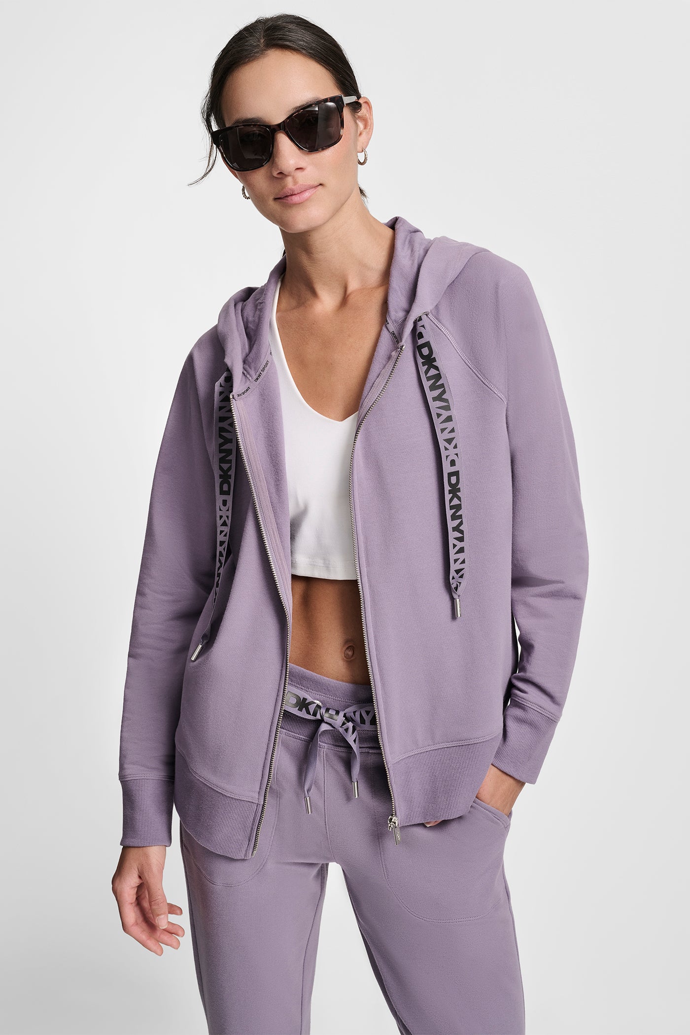 VESPER/ BLACK TWO TONE LOGO DRAWCORD ZIP HOODIE, VIEW 1 | Sweatshirts & Joggers