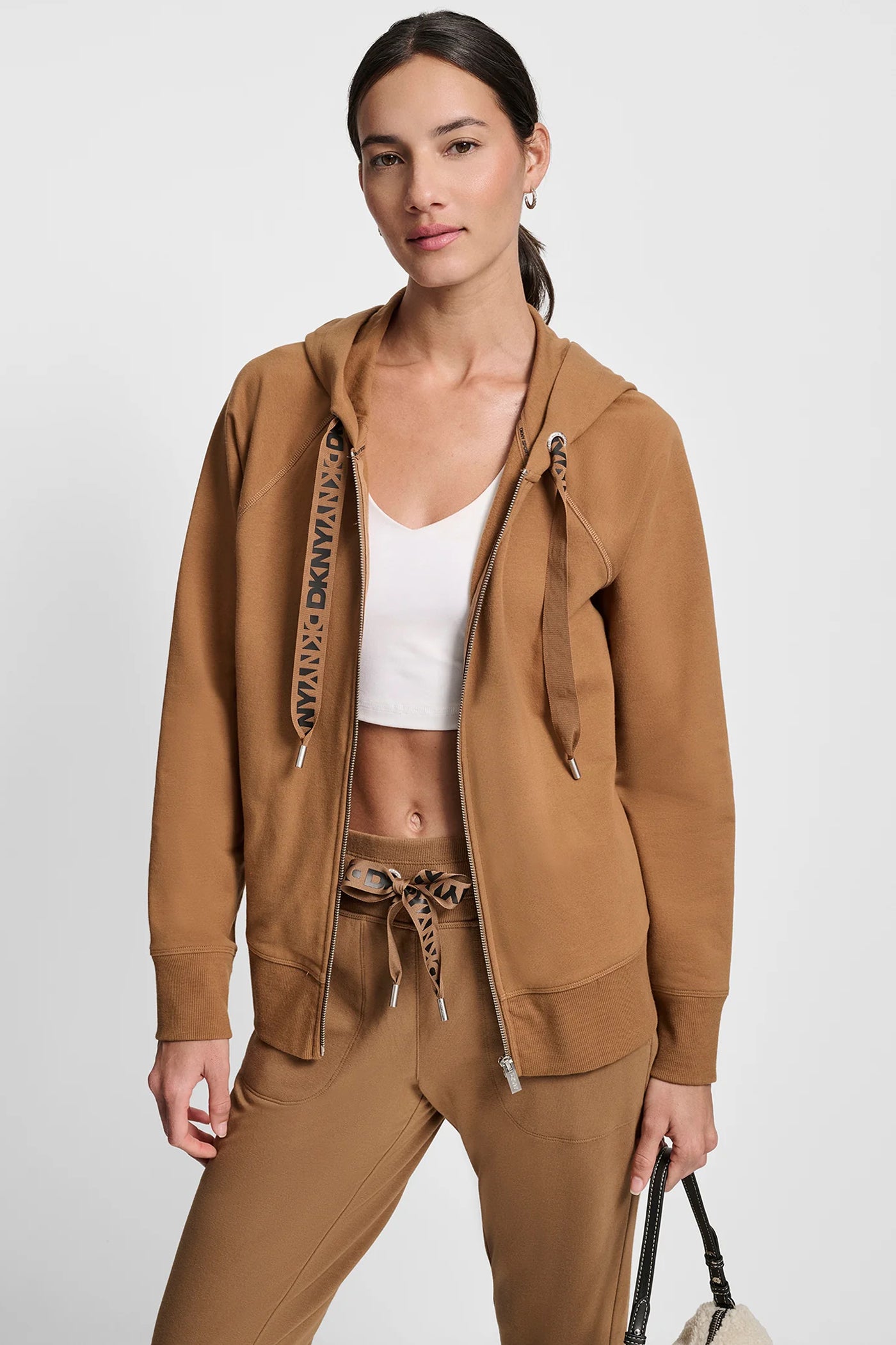 BURNT SUGAR/ BLACK TWO-TONE LOGO DRAWSTRING HOODIE, VIEW 1 | Back-To-School Shop