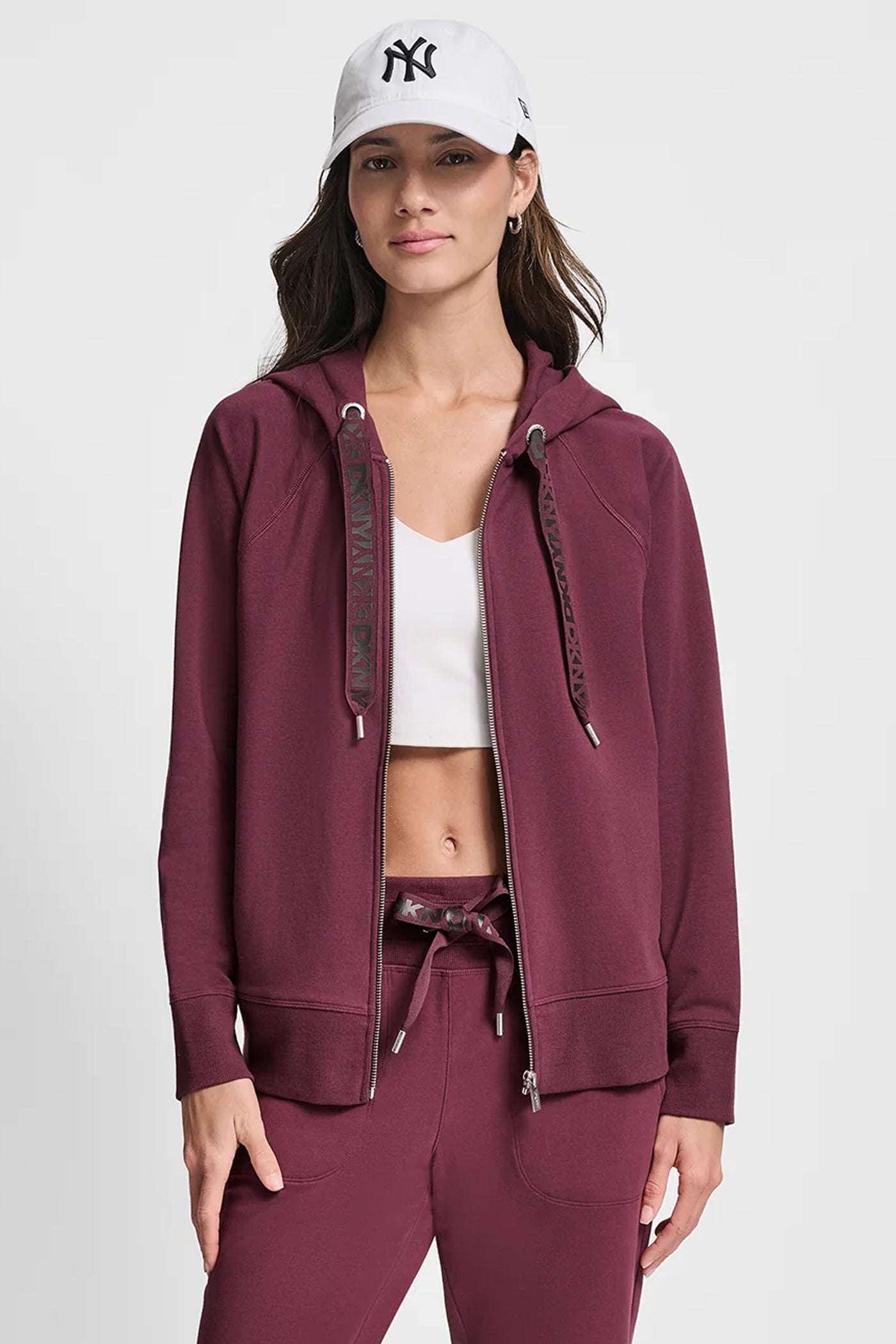 SYRAH/ BLACK TWO-TONE LOGO DRAWSTRING HOODIE, VIEW 1 | DKNY Sport