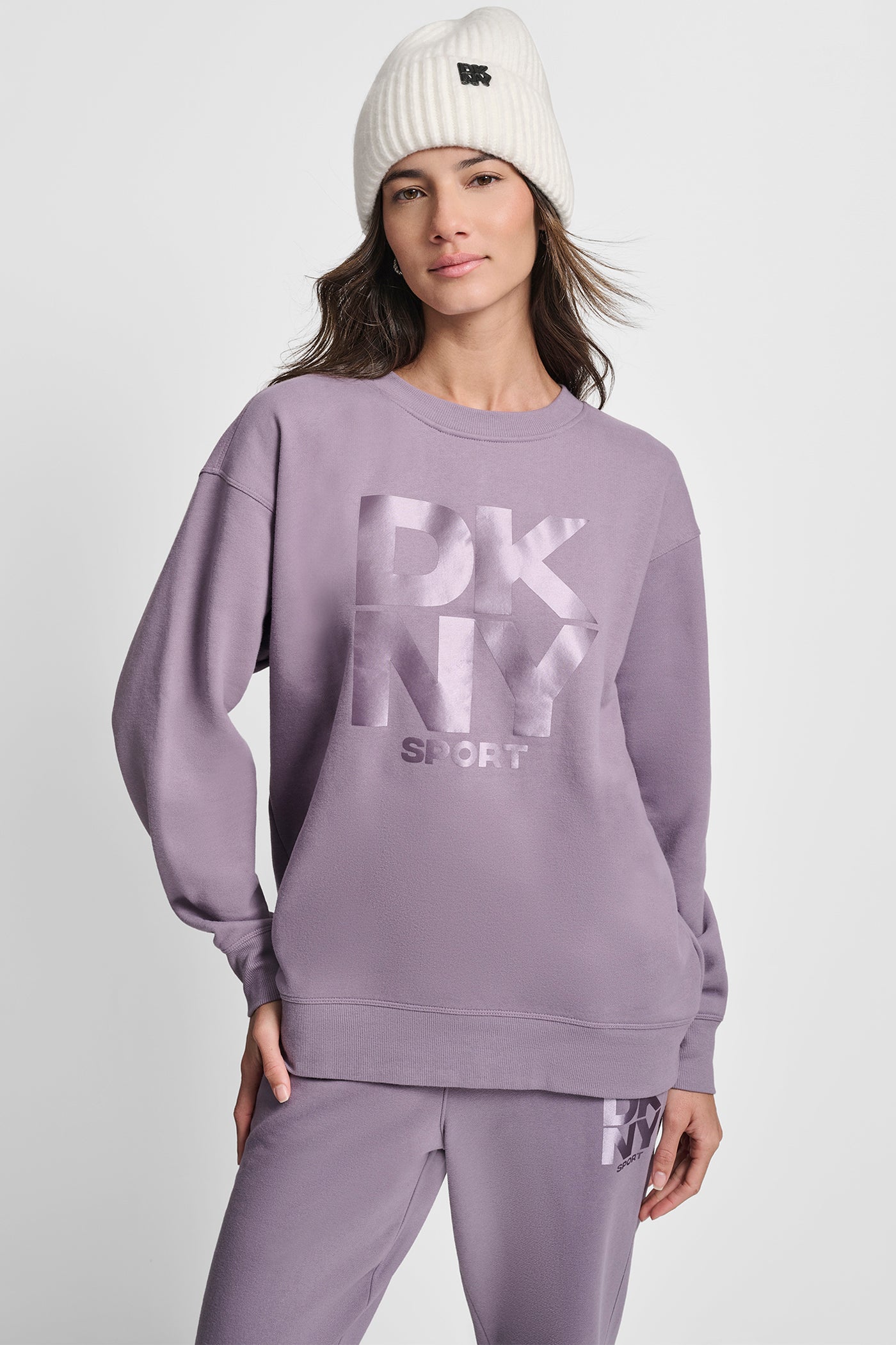 VESPER STACKED SATIN LOGO LONG LINE CREW NECK PULLOVER, VIEW 1 | Sweatshirts & Joggers
