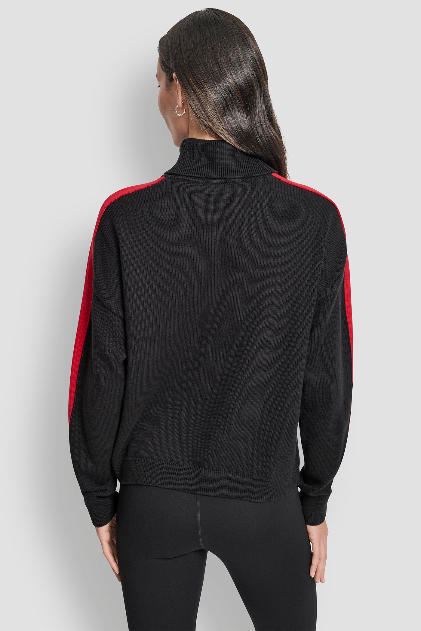 BLACK/CITY CRIMSON LONG SLEEVE TURTLE NECK JACQUARD LOGO SWEATER, BACK VIEW | DKNY Promo