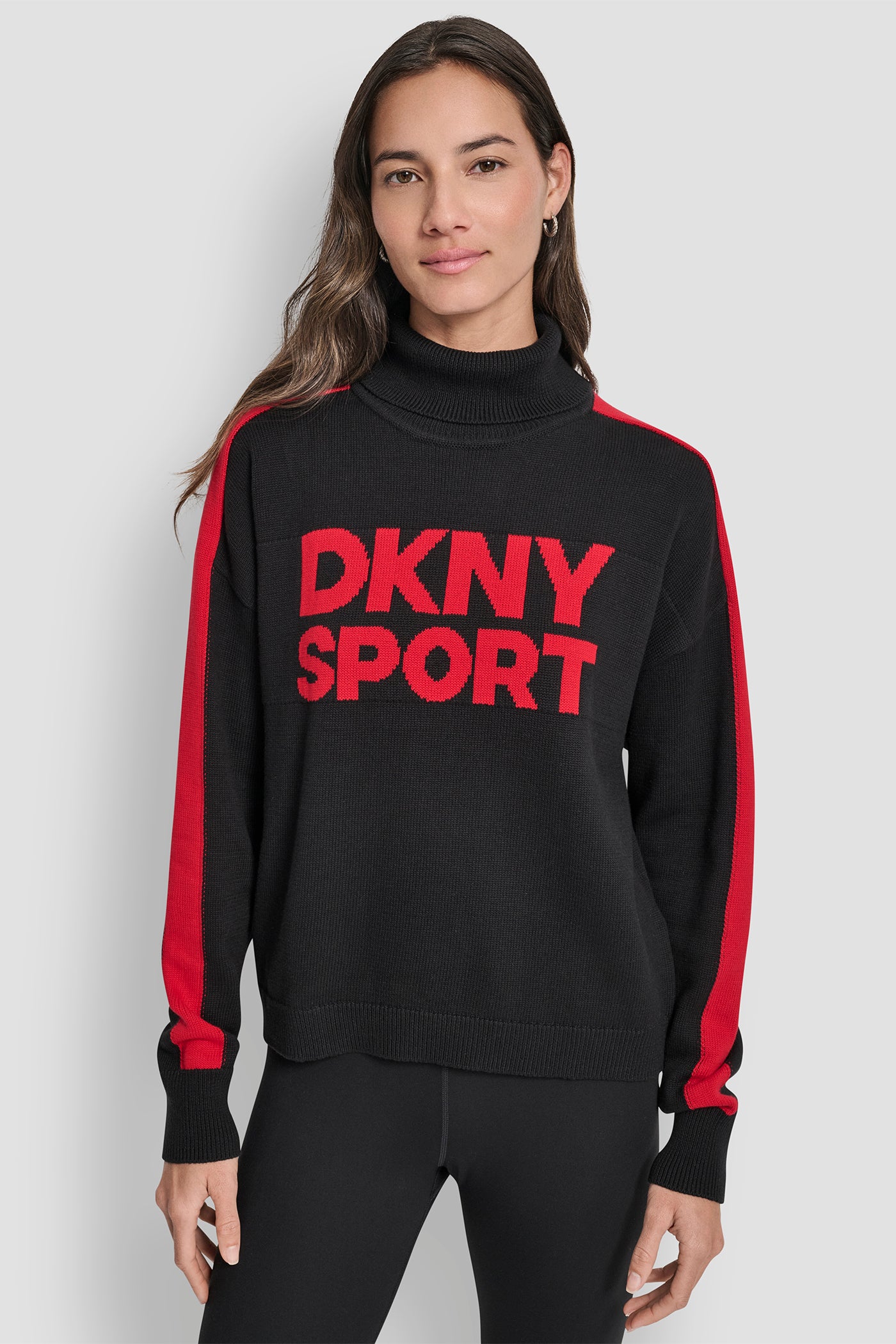 BLACK/CITY CRIMSON LONG SLEEVE TURTLE NECK JACQUARD LOGO SWEATER, FRONT VIEW | DKNY Promo